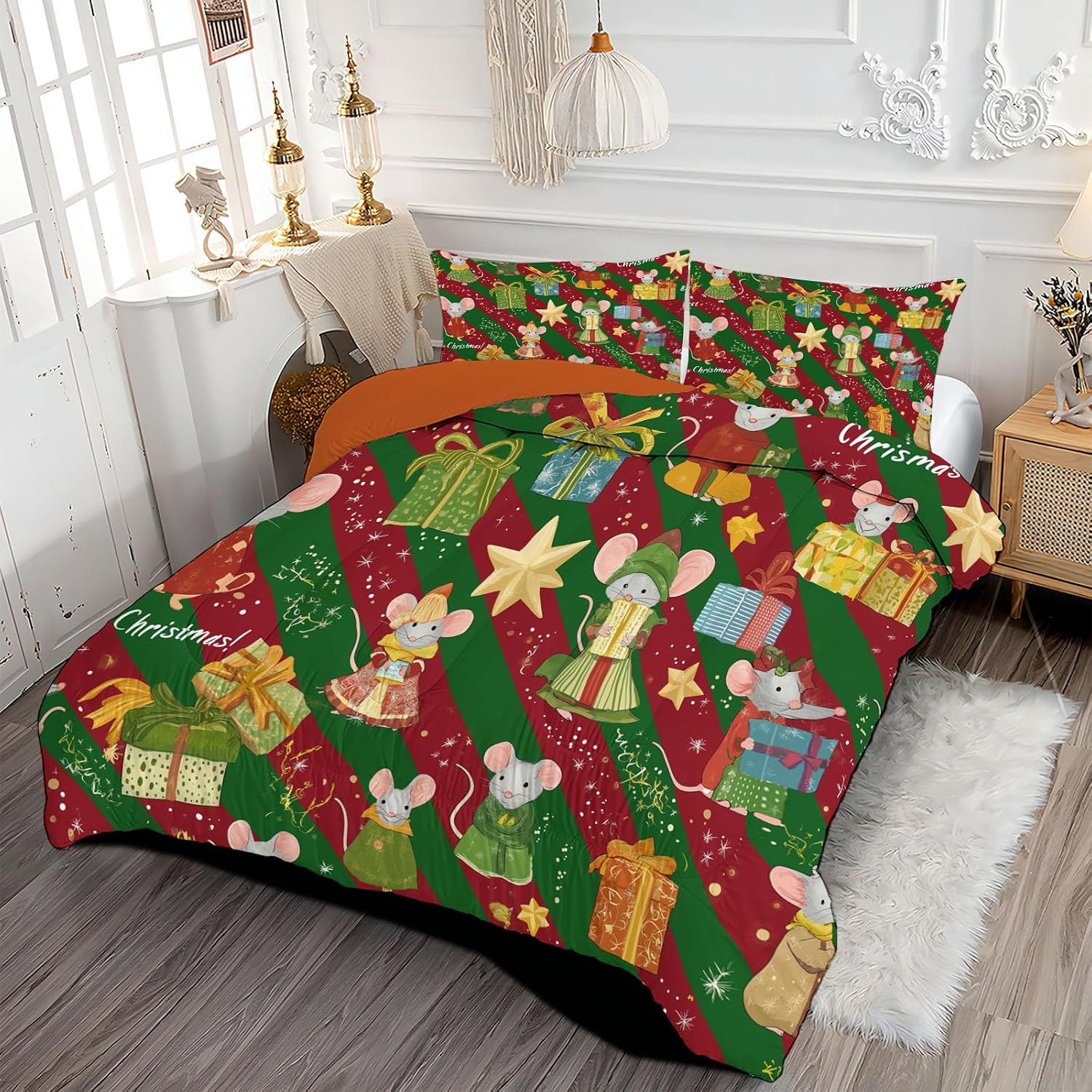 Cartoon Mouse Comforter Set Full Size, Christmas Stripes Bedding Set for Teens Adults Room, Red Soft 80" x 90" Quilt with 2 Pillow Cases, Lightweight Red Quilt for All Season