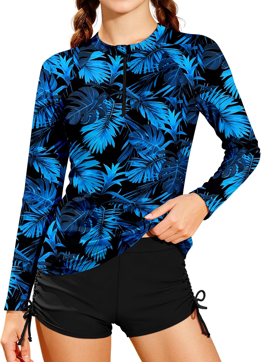 Girls Rash Guard Swimsuit Two Piece Set Colorblock Long Sleeve Bathing Suit UPF50+Sun Protection Swim Suits 7-16Y