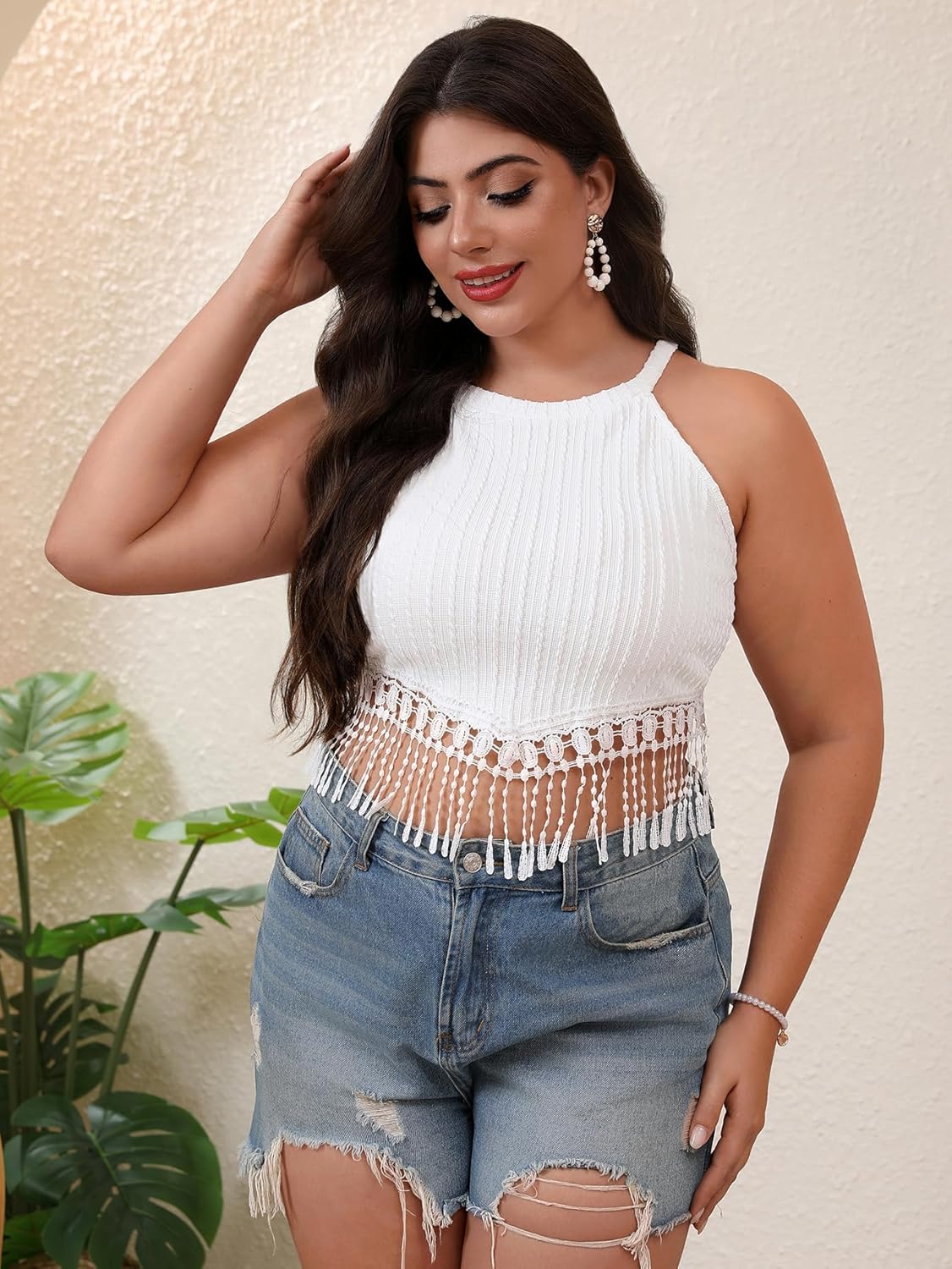 MakeMeChic Women's Plus Size Textured Sleeveless Fringe Trim Summer Crop Tank Top Shirts - Image 4