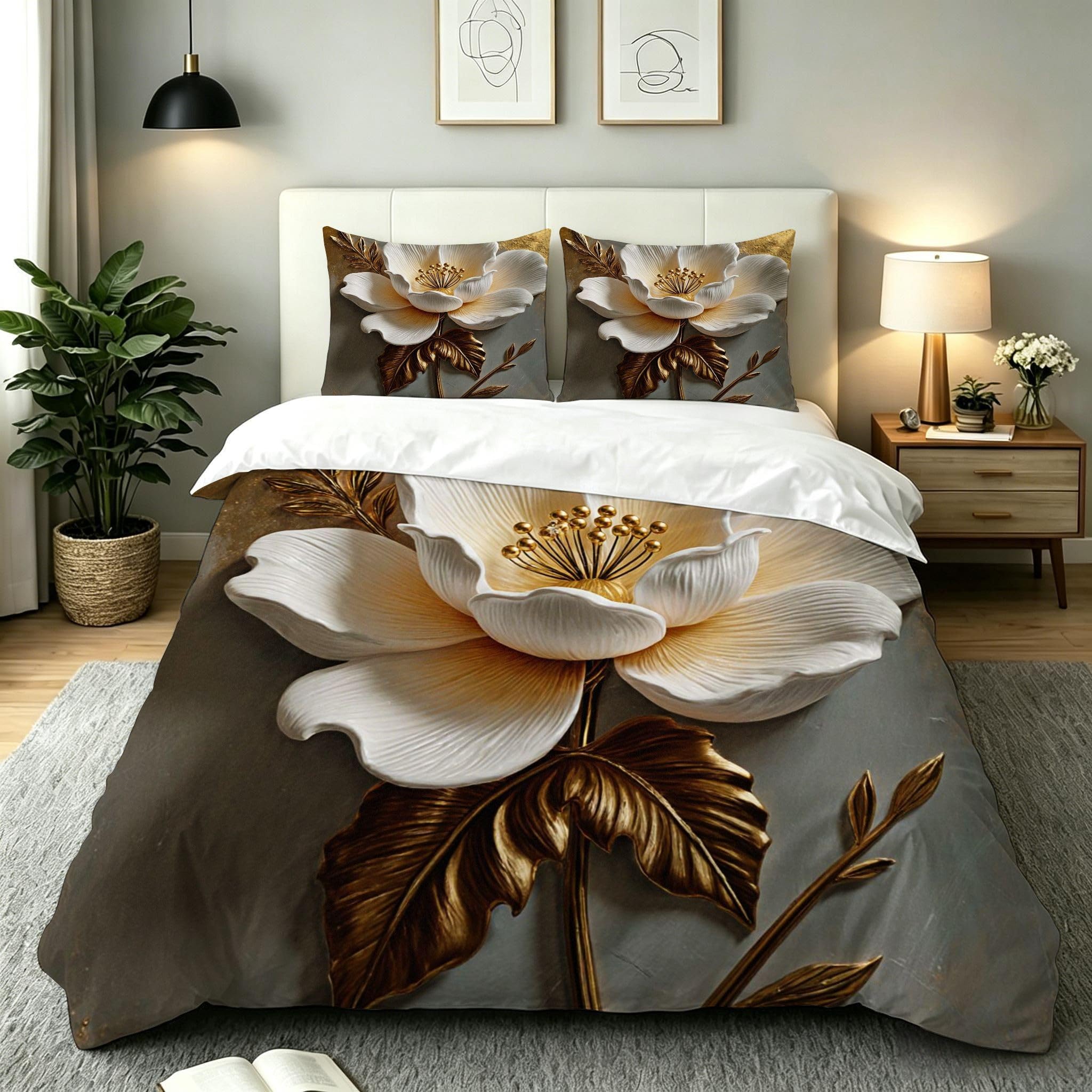 Housse de couette 220x240 fleur dorée avec ses deux taies d'oreiller assorties