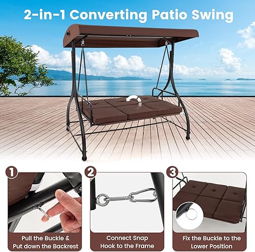 Miniatura 3 de Tangkula Columpio de porche para 3 personas, cama columpio convertible 2 en 1 para patio con cojines extraíbles, estructura de acero sólido,