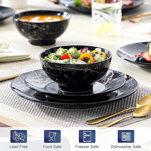 Miniatura 4 de Juegos de platos y tazones LOVECASA para 4, juegos de vajilla de porcelana de 12 piezas, juego de vajilla negro y dorado, juego de vajilla con Negro