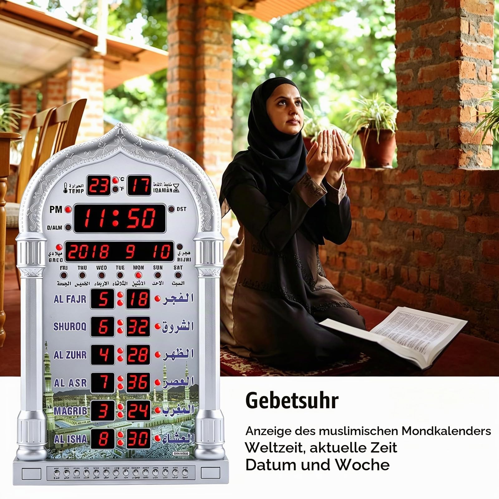 Fyearfly Muslim Azan Gebetsuhr – LCD Automatische Islamische Gebetsuhr, Zuhause/Büro/Moschee, Digitale Dekorative Wanduhr/Desktop (Fernbedienung + EU-Stecker)