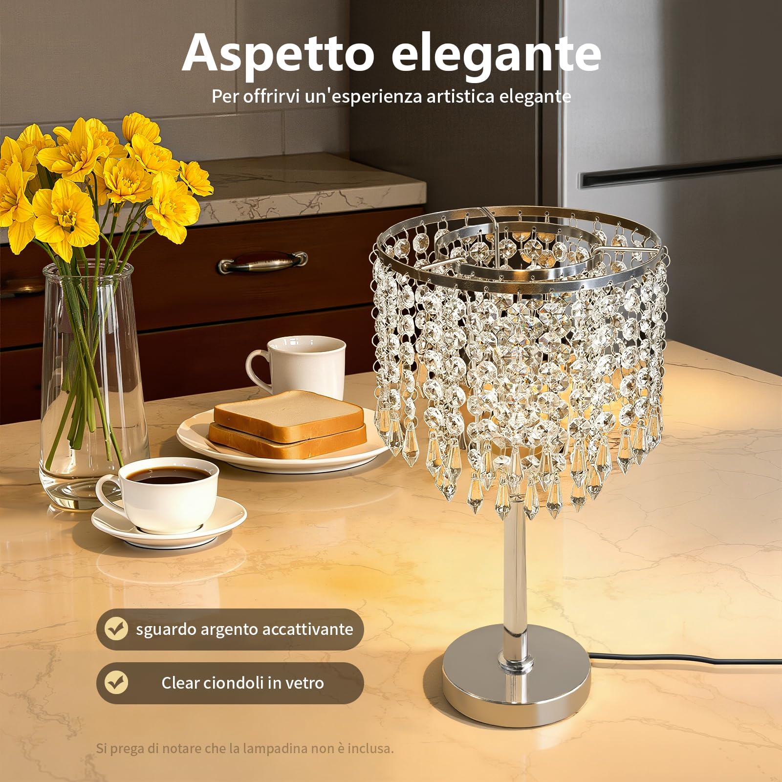 Lampada da comodino in cristallo - Lampada da tavolo in cristallo - Paralume con lampada da comodino rotonda E27 - Per camera da letto, soggiorno, cameretta da bambina - Bianco