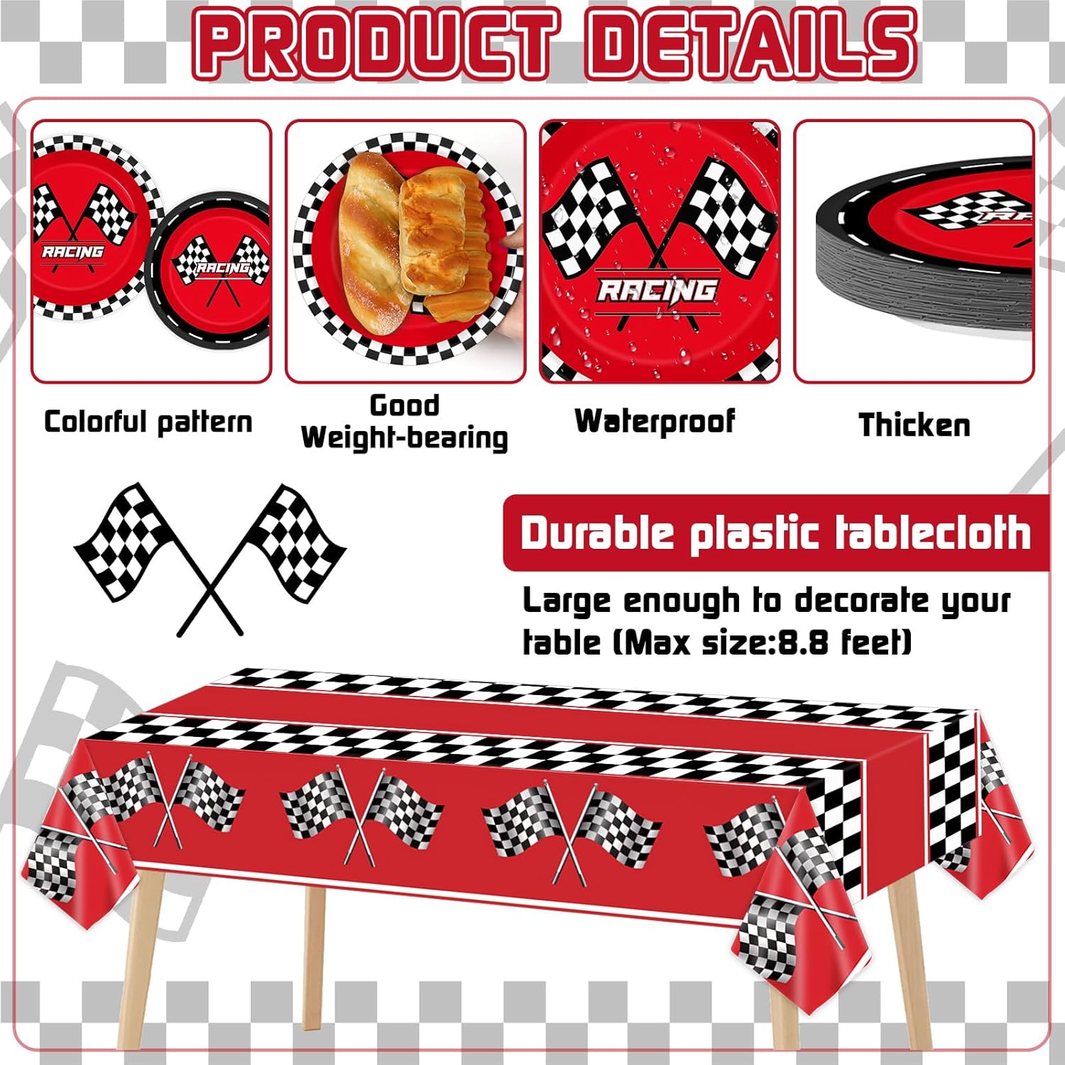 98Pcs Racing Car Party Supplies Red Race Car Party Plates Napkin Tablecloths Racing Dinnerware Tableware Set Black Checkered Flag Dessert Plate for Kid Boy Birthday Baby Shower Home Party Decor - Image 3
