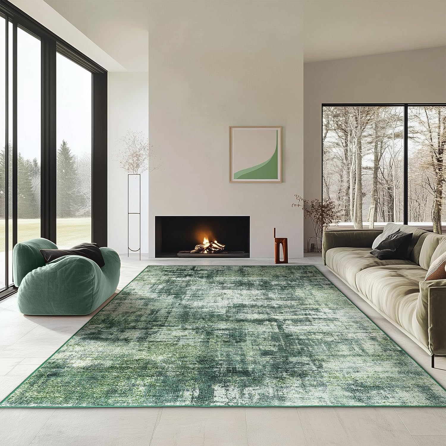 Teppiche Groß 180x250 cm Waschbar rutschfest Weiche Teppich für Wohnzimmer Schlafzimmer Heimbüro Moderne abstrakte Tinte grün