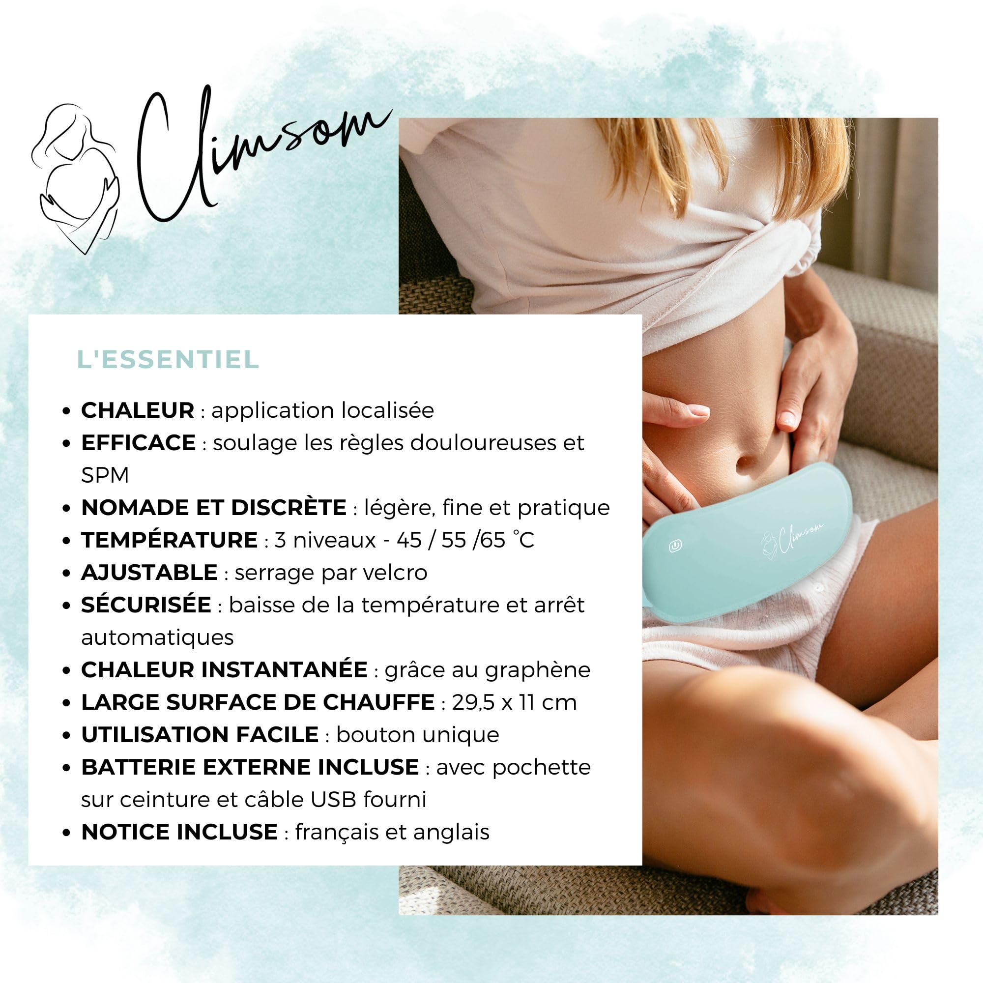 Ceinture Chauffante Menstruelle Avec Batterie USB-C & A – Soulage Règles Douloureuses, Endométriose