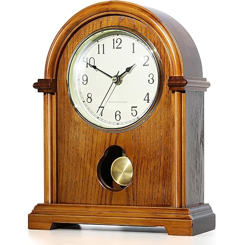 AYRELY® Grandfather Mantel Clock with Hour/Quarter-Hour Chime,Elegant Wooden Frame,Gold-Tone Pendulum Table Clocks Battery Operated,Desk Shelf Vintage Clock for Living Room,Home Decor Gift