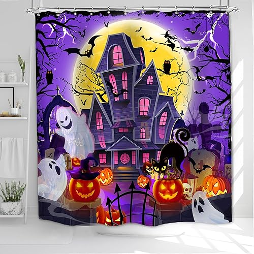 Miniatura 6 de Cortina de ducha de Halloween, cortina de baño impermeable de castillo, 71 x 71 pulgadas, decoración de baño de calabazas espeluznantes y fantasmas,