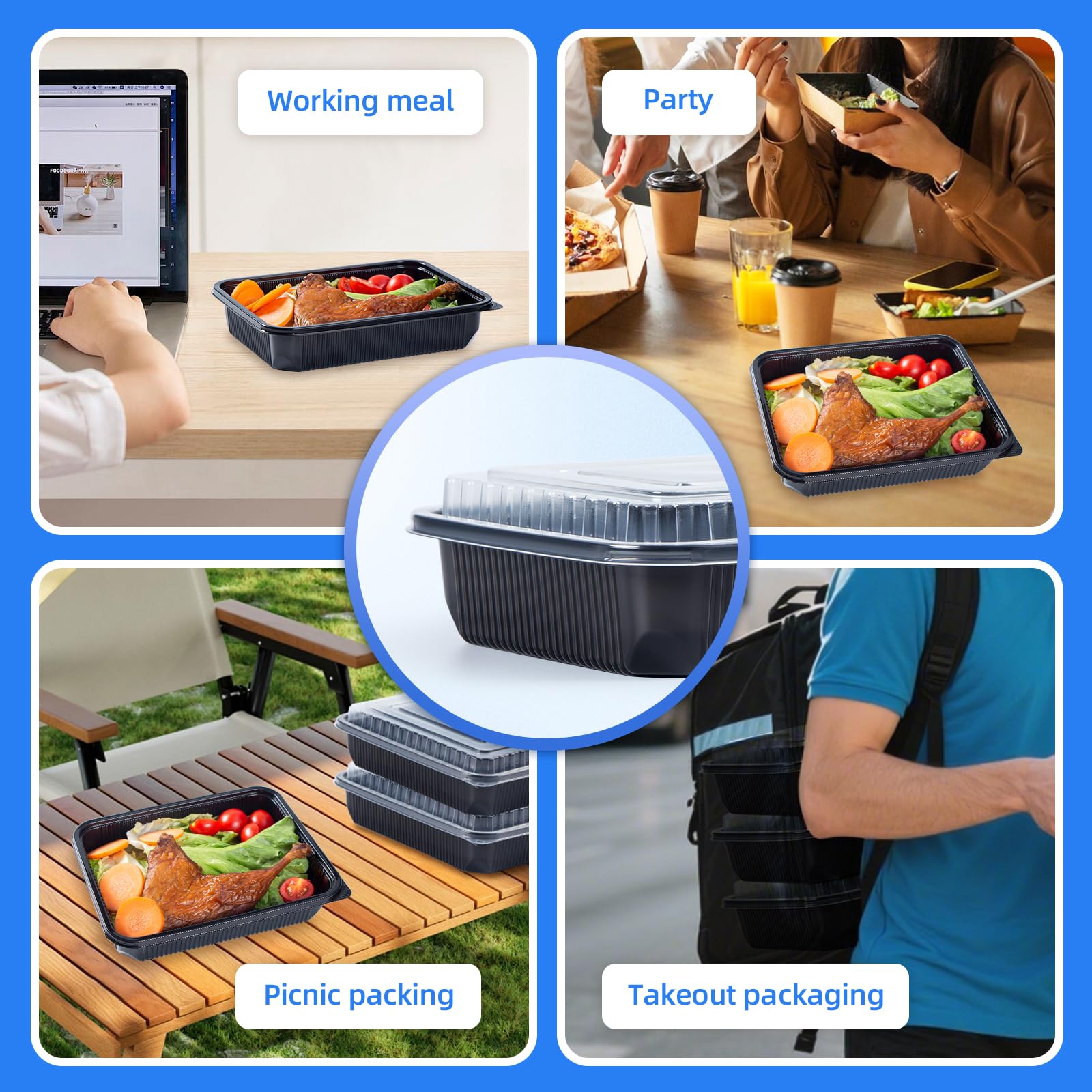YANGRUI Contenedores To Go, paquete de 40 (40 bandejas + 40 tapas) de 40 onzas, 1 compartimento sin BPA, reutilizable, envoltura retráctil lavable a máquina, contenedor de preparación de comidas