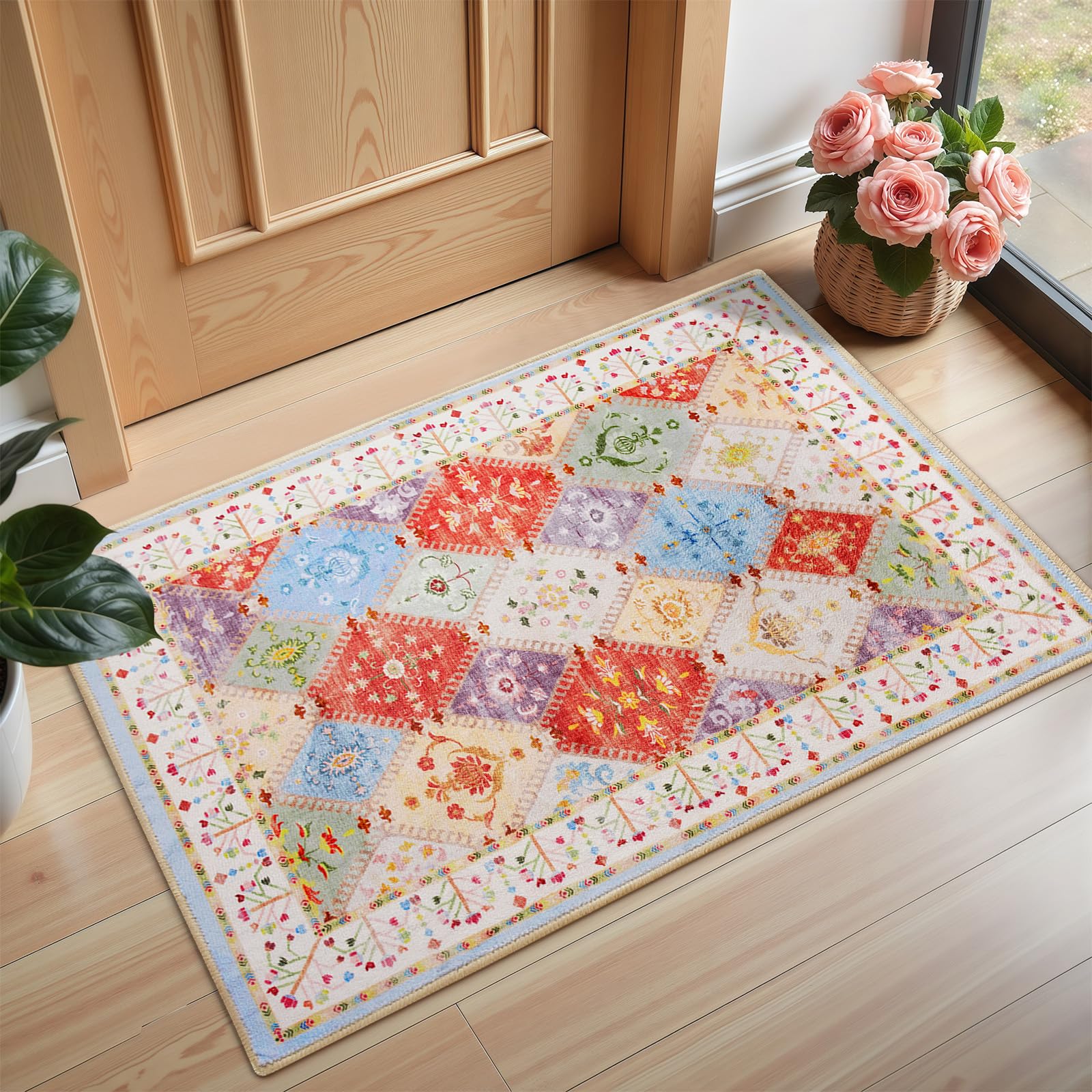 2x3 Small Washable Area Rug for Entryway Boho Non-Slip Indoor Kitchen Rugs Moroccan Floral Trellis Carpet Soft Low