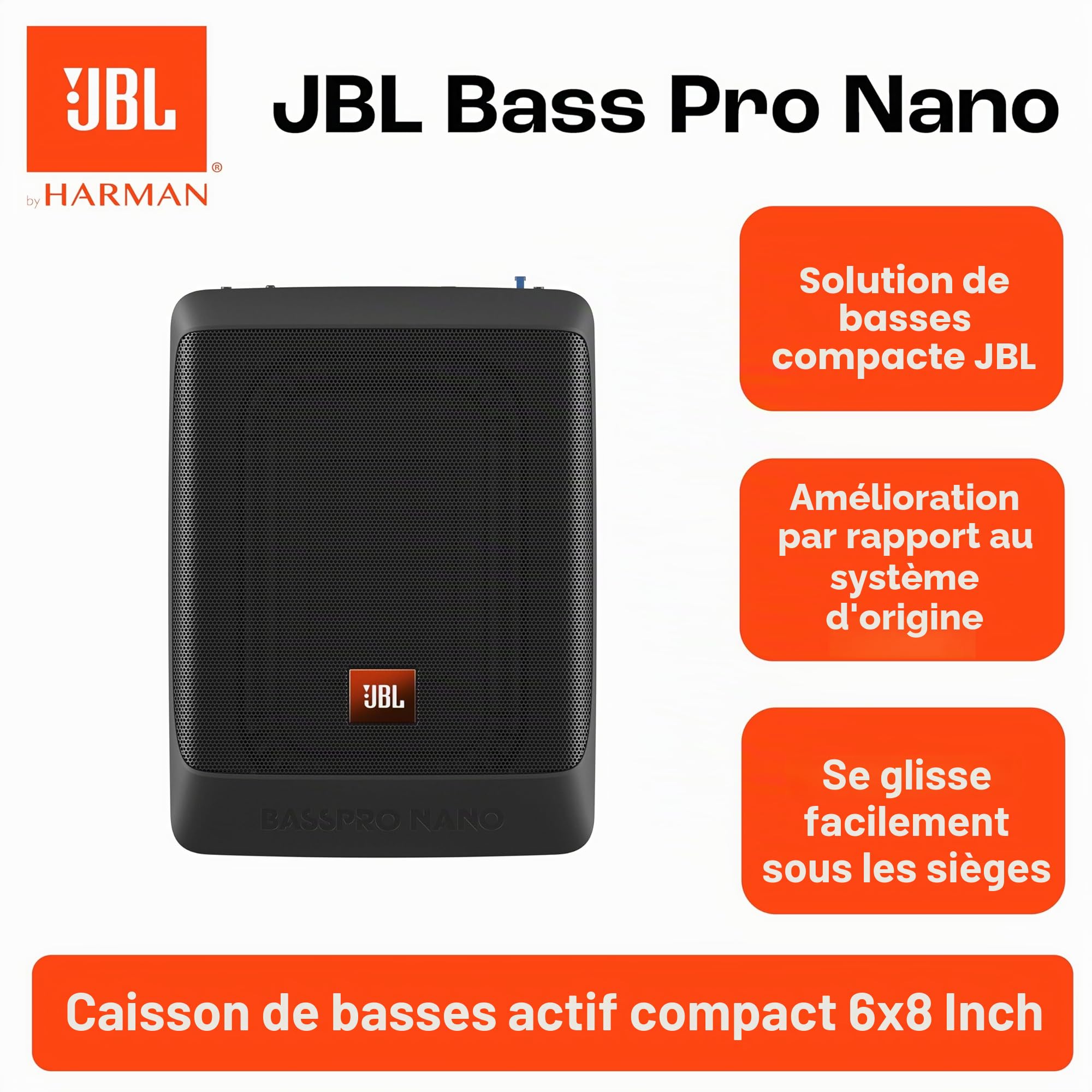JBL BassPro Nano Ultra-Compact Subwoofer Voiture actif Sous Siège 6"x8" de Harman Kardon - caisson de basse voiture amplifié sous le siège de 200 Watt, Noir