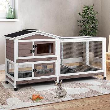 Suumerpety Rabbit Cage,Indoor Rabbit Hutch with Matel Frame and Pull Out Tray,Bunny Hutch Chicken Coop with Run Brown