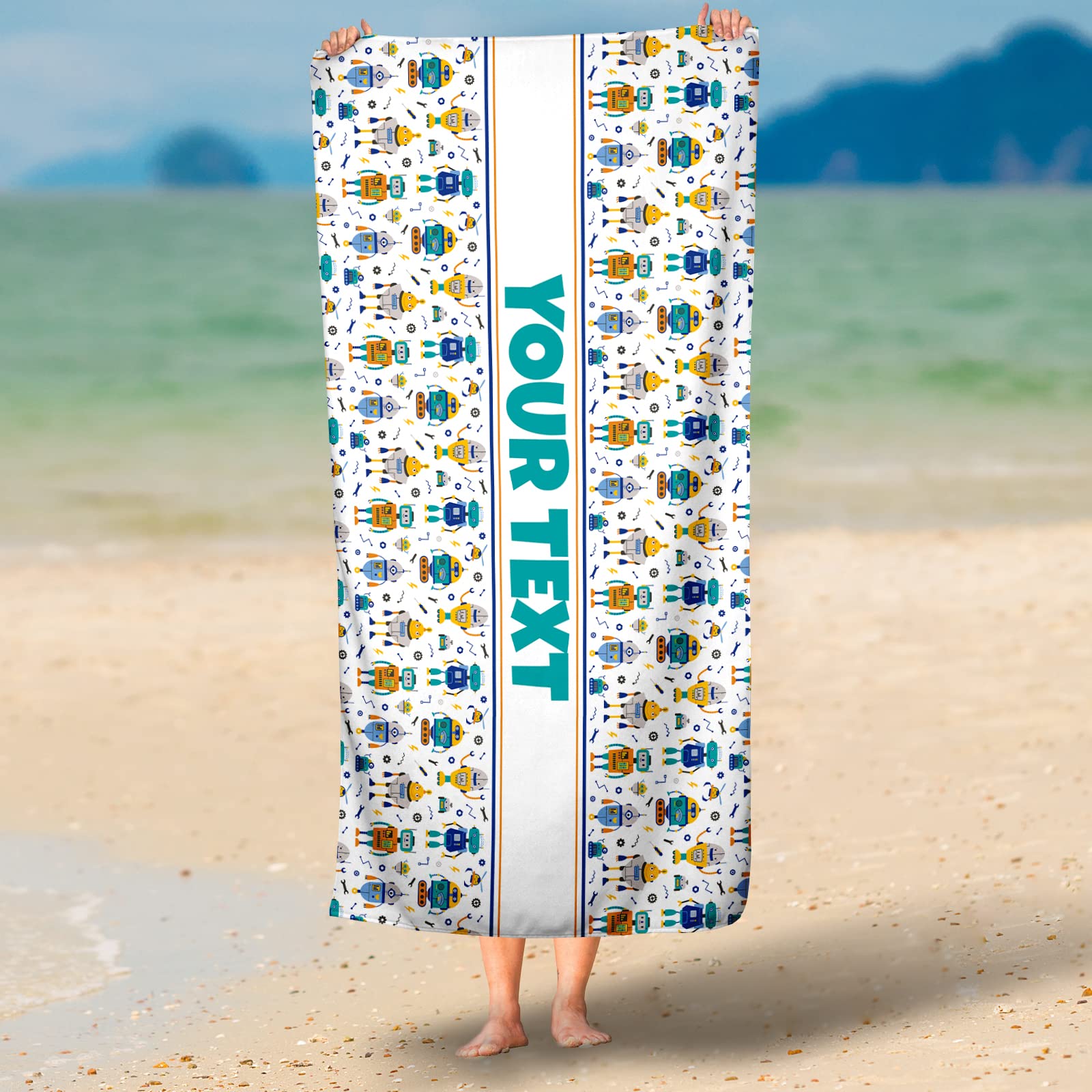 Personalized Beach, Pool, Bath Towel for Kids - Robots, Custom Name/Text, Quick-Dry/Absorbent for Summer/Vacation/Children's Bathroom, Customized Gift/Birthday Present for Boys/Girls, 30
