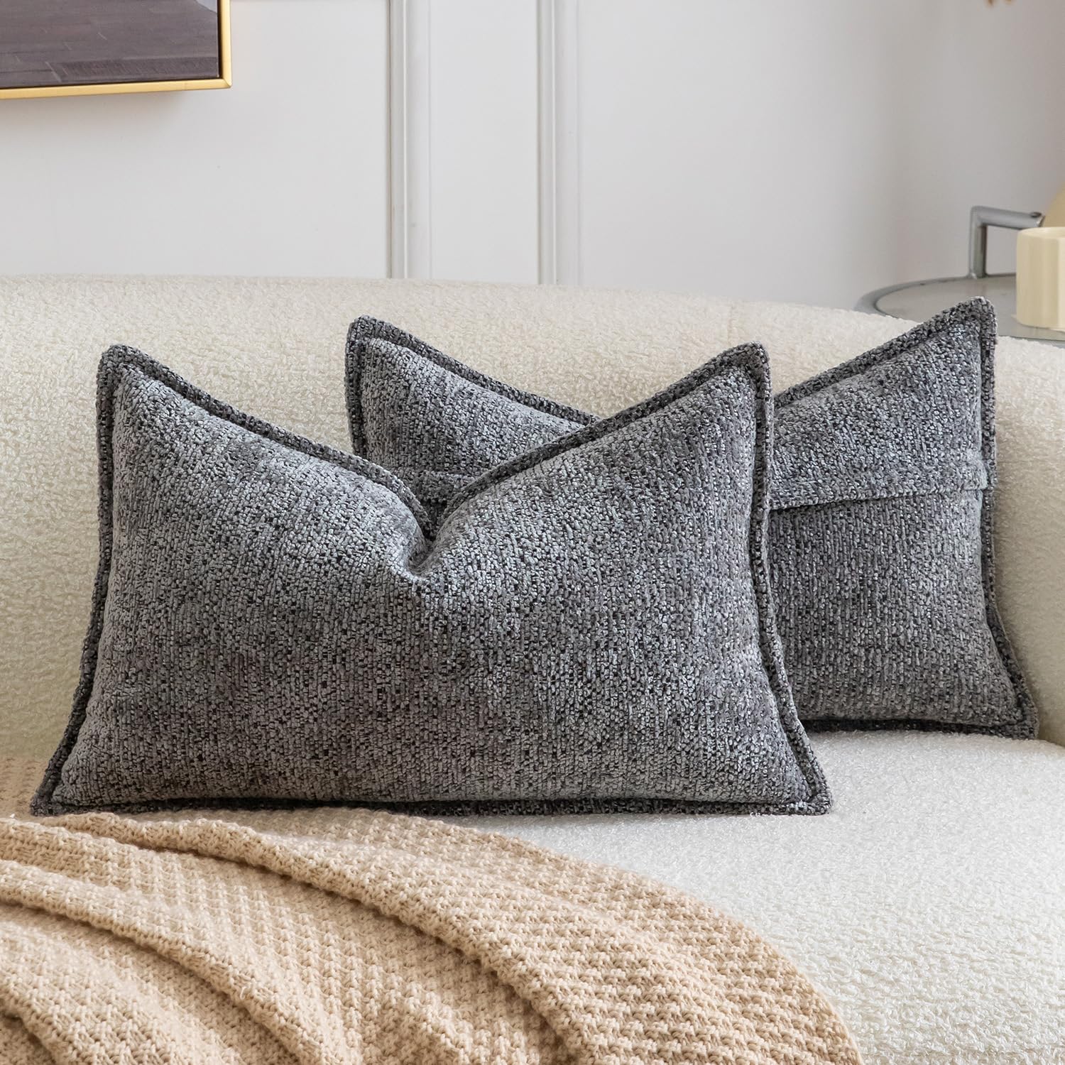 Madizz Pack of 2 Decorative Cushion Covers Boho Soft Textured Chenille Throw Pillows Solid Pillow Covers for Couch Sofa Bedroom Living Room 30x50 CM, Dark Grey