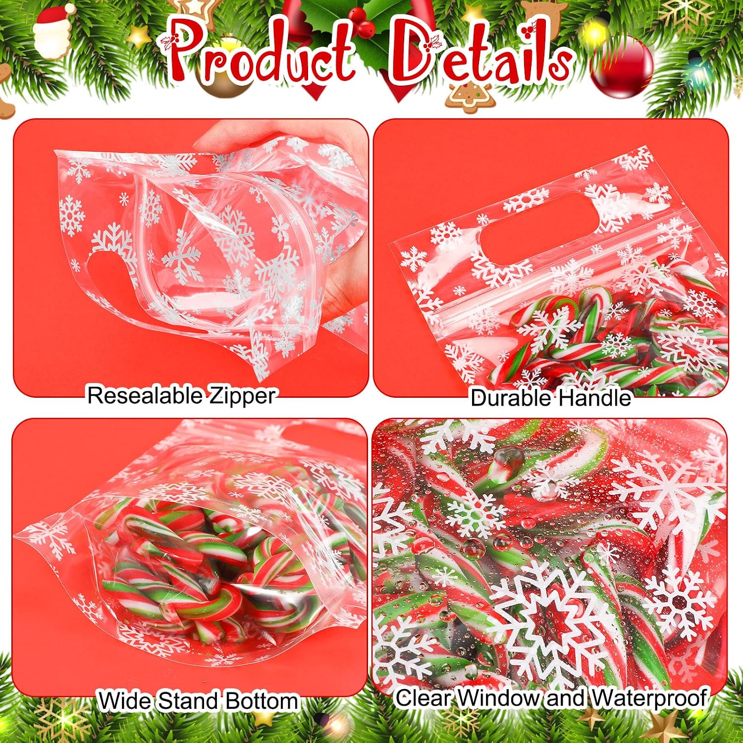 Fuutreo 50 Pcs Snowflake Gift Bags Snow, Resealable Plastic with Handles image 3