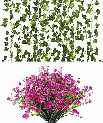 RECUTMS Ivy - Guirnalda de vides falsas de imitación de vegetación, plantas colgantes y 12 racimos de flores artificiales anti-UV para exteriores,