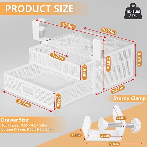 Miniatura 2 de Organizador de cajones deslizantes para debajo del escritorio, sin taladrar, 2 cajones deslizantes para escritorio o debajo de la mesa, abrazadera