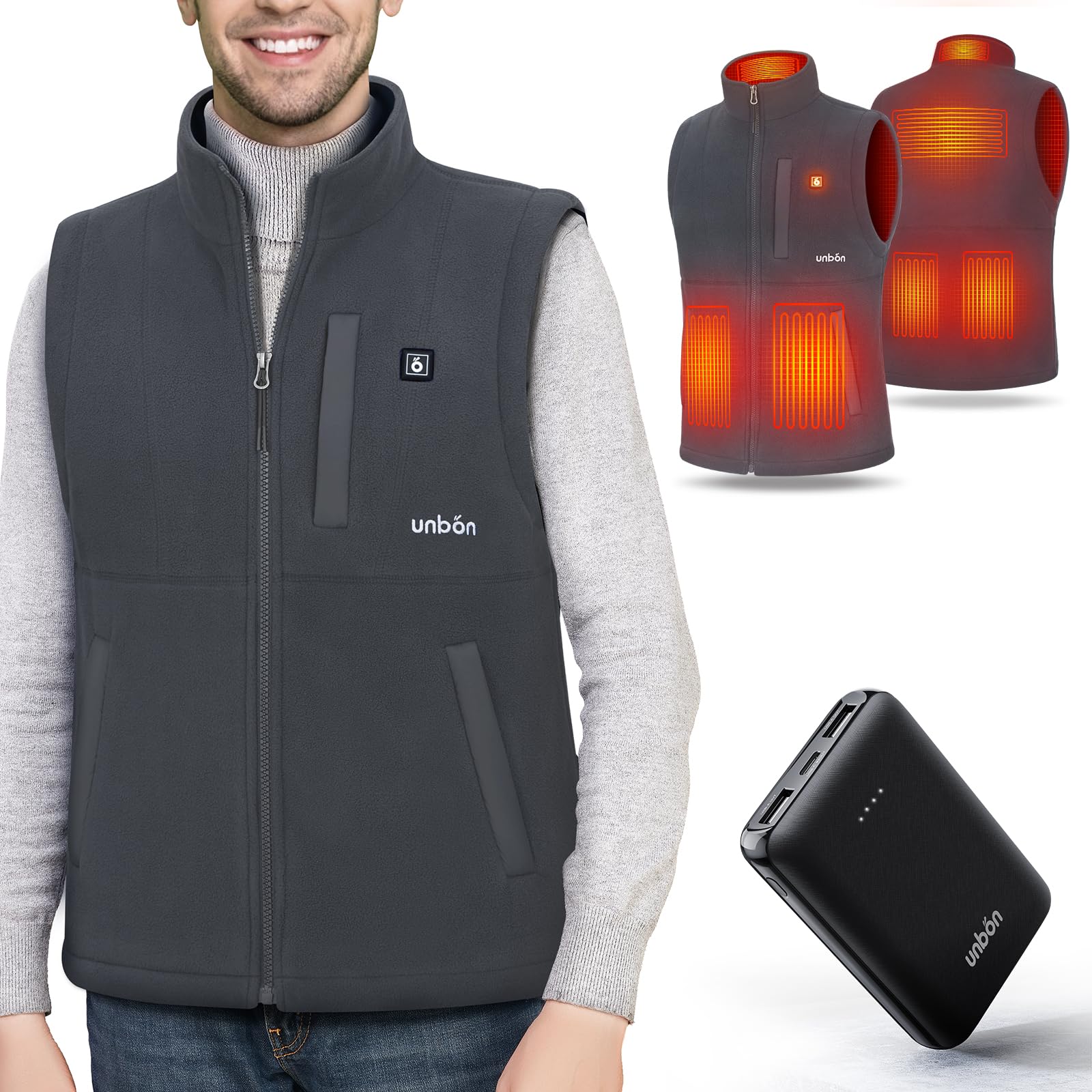 UNBON Chaleco Calefactable Hombre con Batería USB 10000mAh, Chaleco Térmico Eléctrico Polar, Chalecos Calefactor Hombre con 3 Temperaturas 6 Zonas Calefactables para Moto Caza Trabajo, Gris, 3XL
