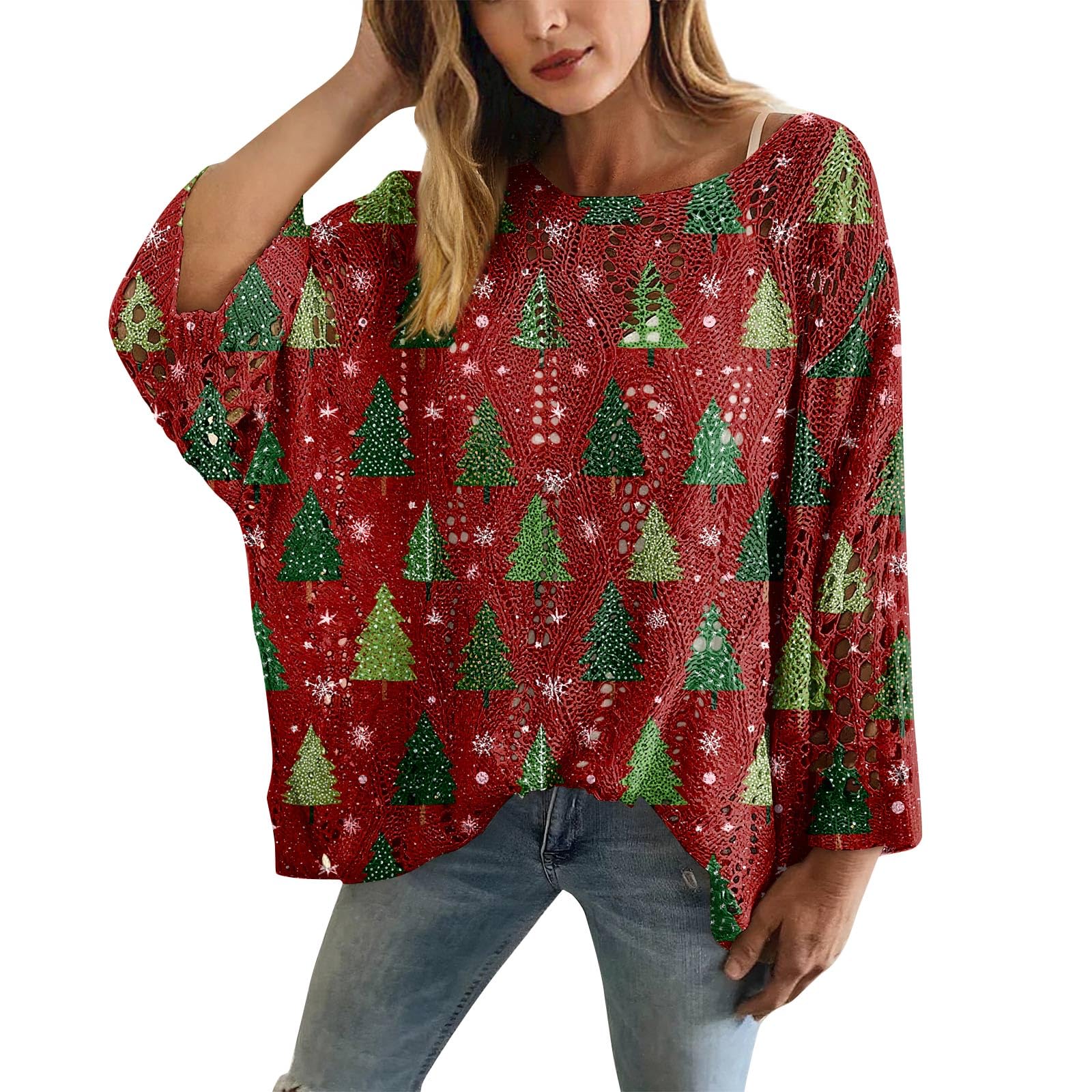 Womens Christmas Crochet Sweaters Oversized Long Sleeve Knit Pullover Tops Christmas Holiday Party Outfit