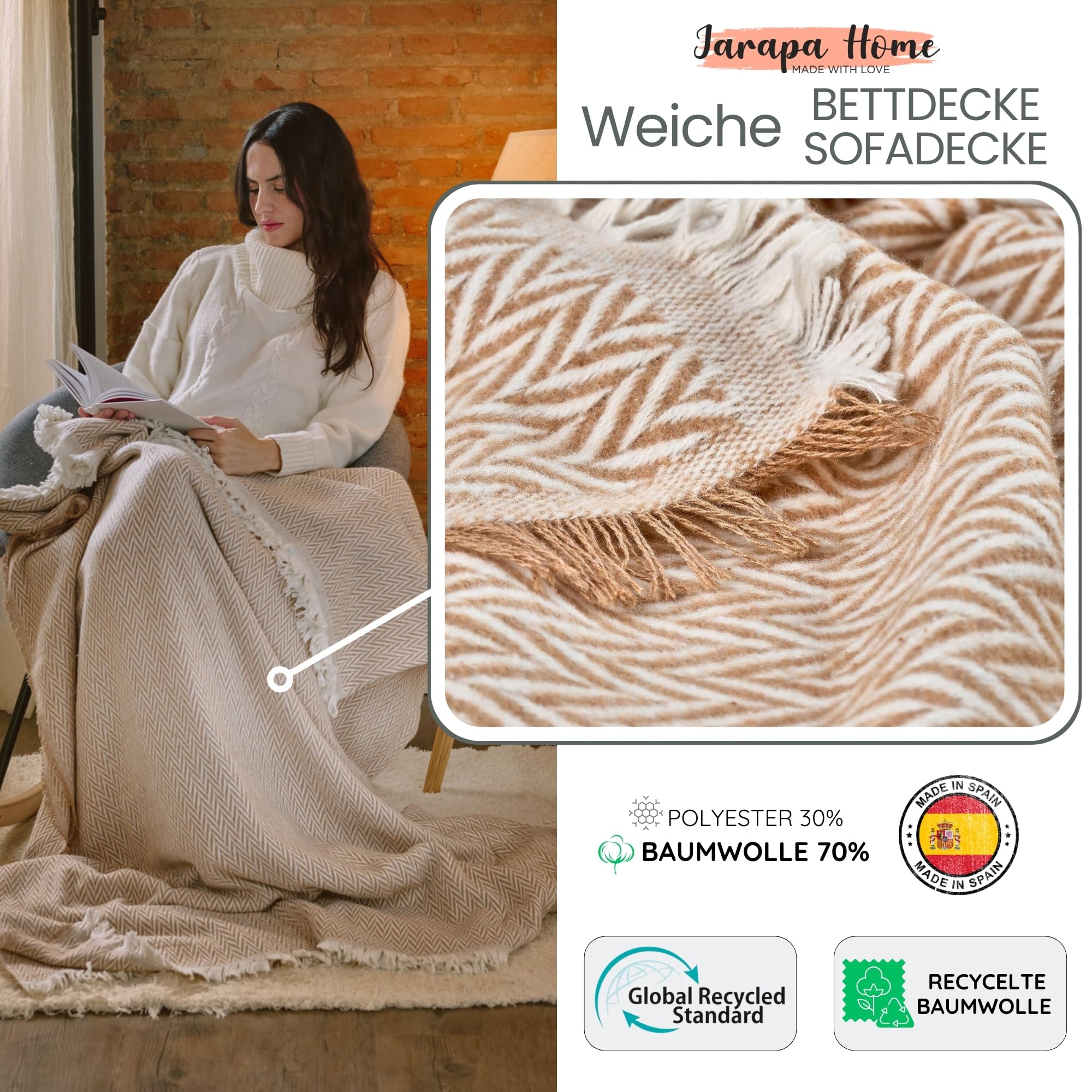 Tagesdecke Sofadecke - Warme Decke für Bett oder Sofa | Hochwertige und kuschelige Baumwolldecke, weich, warm und atmungsaktiv für das ganze Jahr | Ideal für Wohnzimmer (Beige, 130x180 cm)