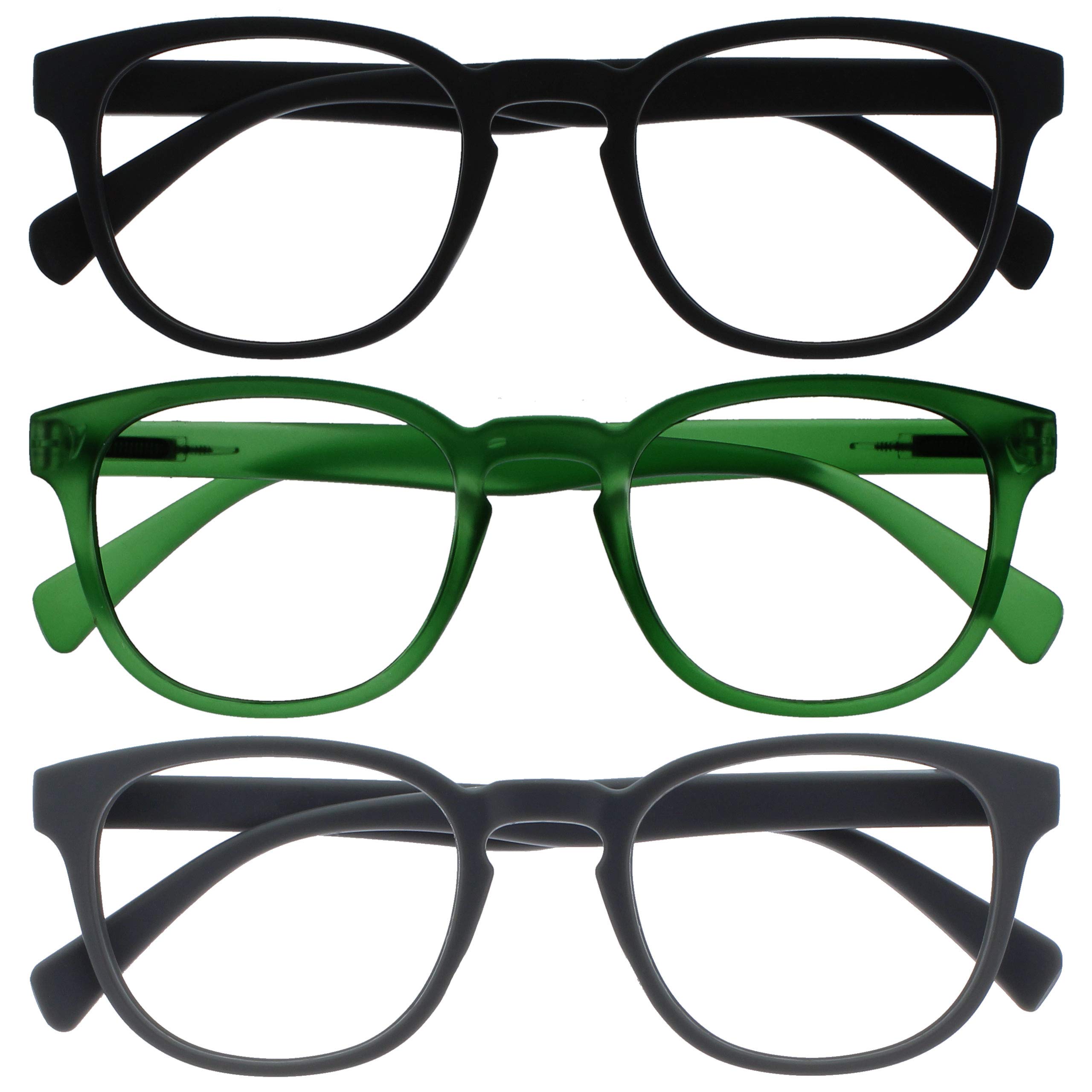 Opulize Pop Gafas de Lectura Pack de 3 Redondas Negro, Verde Musgo y Gris Mate Satinado Bisagras con Muelle Resistentes a los Arañazos Hombre Mujer RRR2-167 +3.50