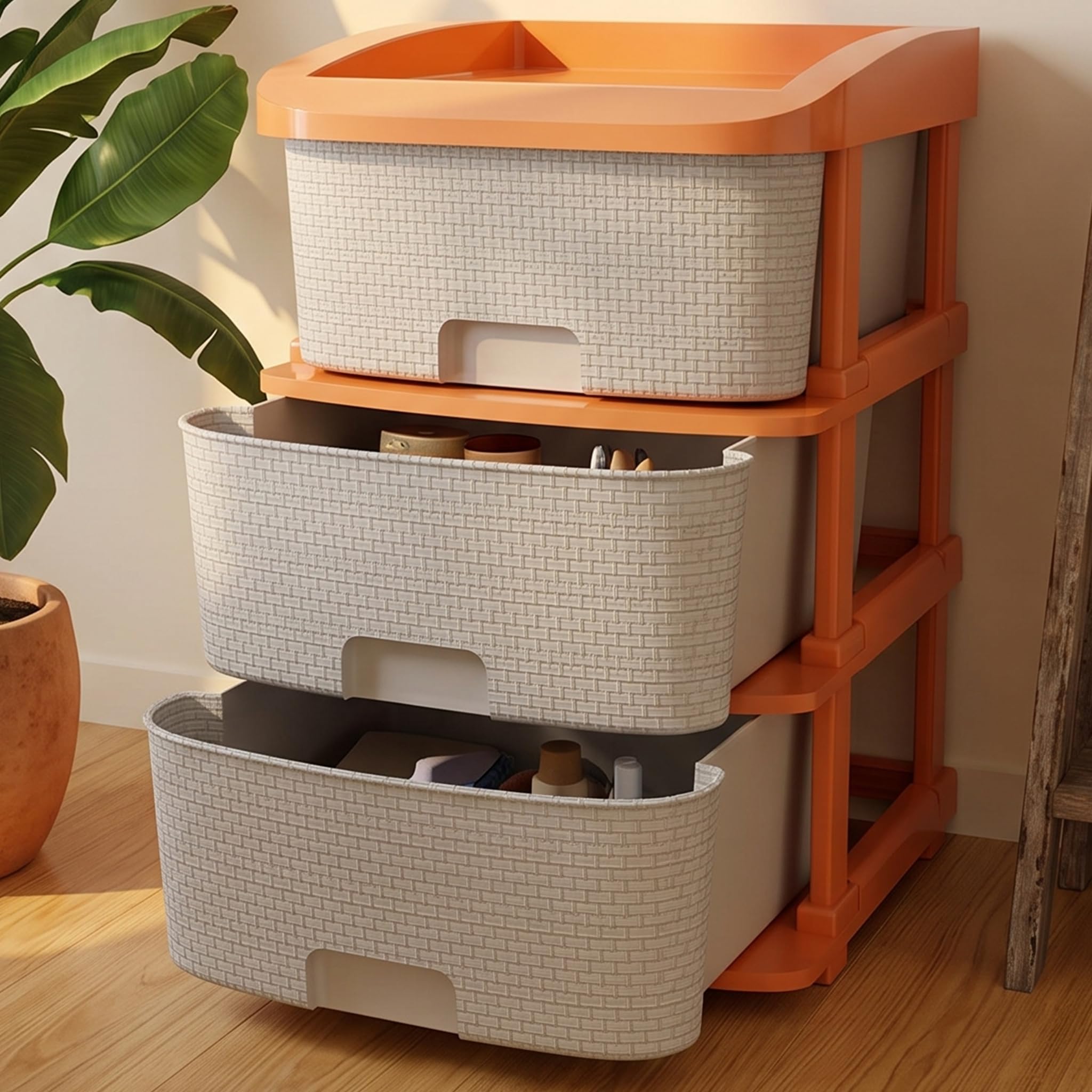 TEX-RO Plastic Modular Drawer Storage Chest of Drawers Organizer Storage Box | Large Stomo Racks for Multipurpose Organizers | White | 3 Layer