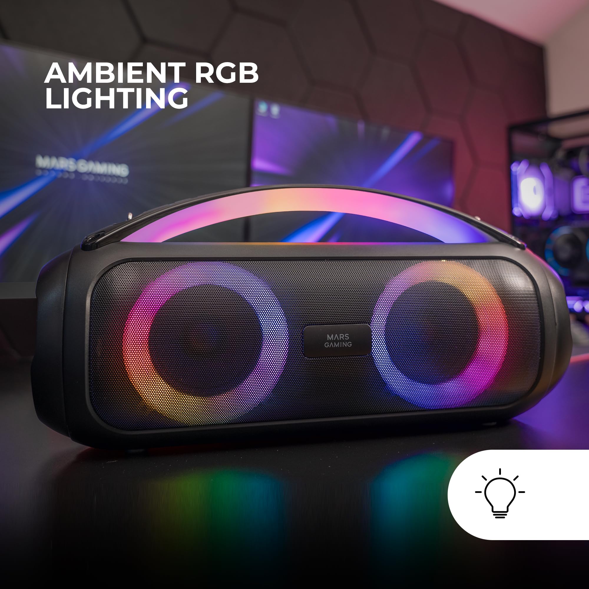 Mars Gaming MS-Pulse, Altavoz Bluetooth Portátil 50W RMS, Iluminación RGB, 2 Drivers Activos 93mm + 2 Drivers Pasivos Ultra-Bass, Función Manos Libres, USB/MicroSD/AUX/FM, Asa y Correa, Negro
