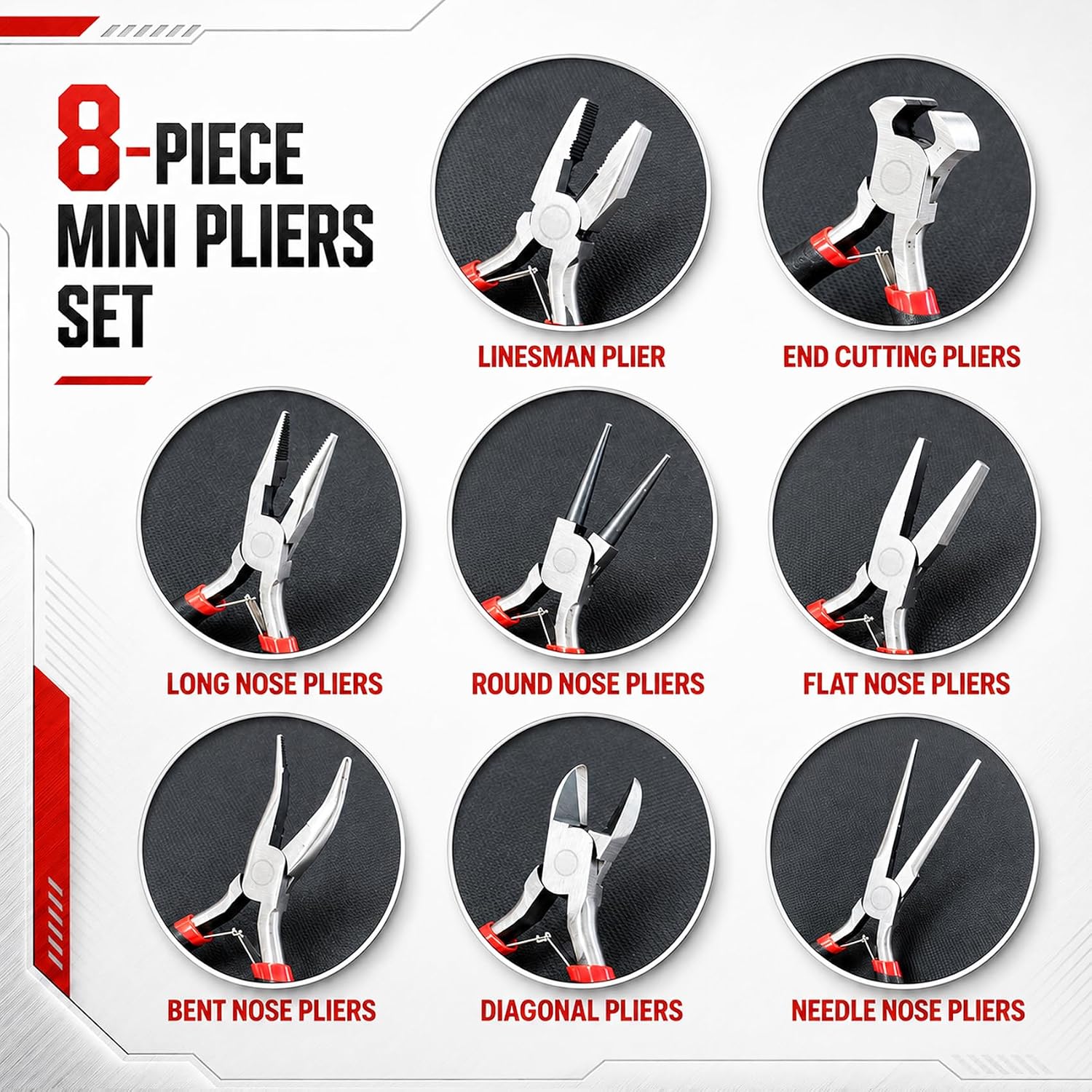 8Pcs Mini Pliers Set for Jewelry Making, Electronics & DIY Crafts | Needle, Round, Flat, Long, Bent Nose, Diagonal, End Cutting & Linesman Pliers, Storage Pouch Included