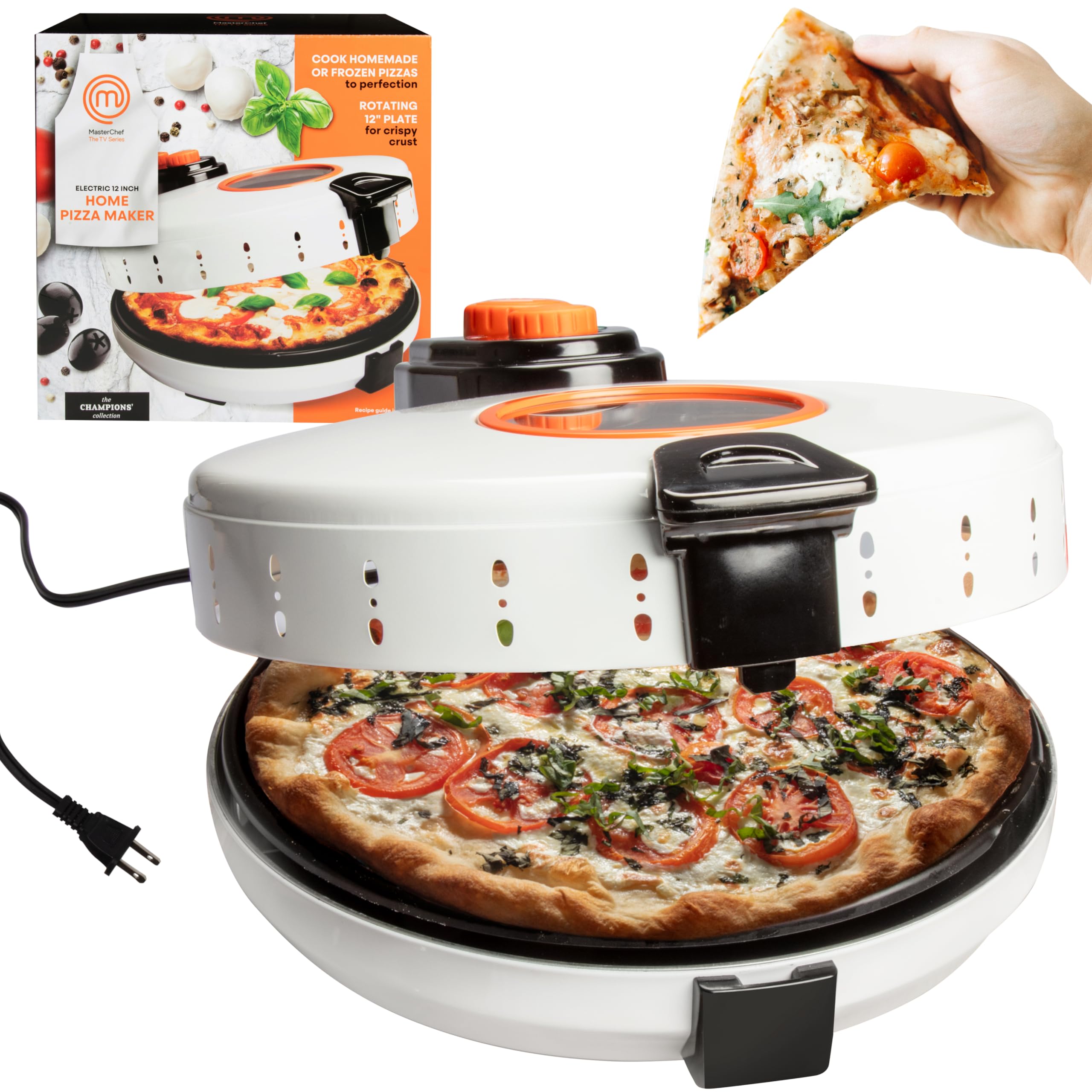 MasterChef Electric 12" Pizza Maker- Cook Homemade Calzones, Quesadillas, Cookies- Rotating Nonstick Hot Plate for Even Baking- Adjustable Temp Control for Crispy Crust- Party Activity Christmas Gift