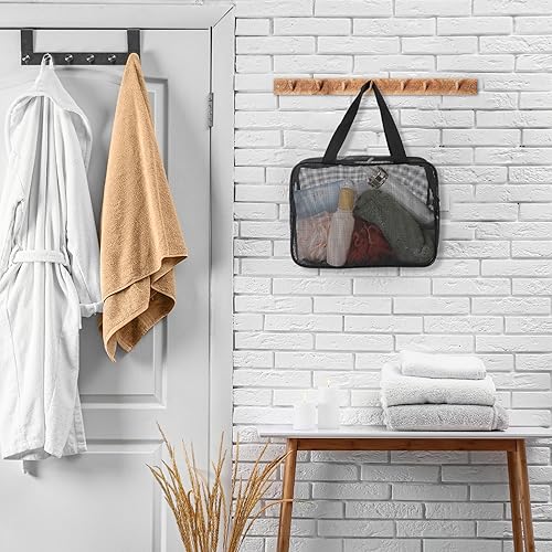 Miniatura 7 de Mozeat Lens Bolsa portátil de malla para ducha, organizador de artículos de aseo de color negro, de secado rápido, bolsa de ducha de gimnasio para
