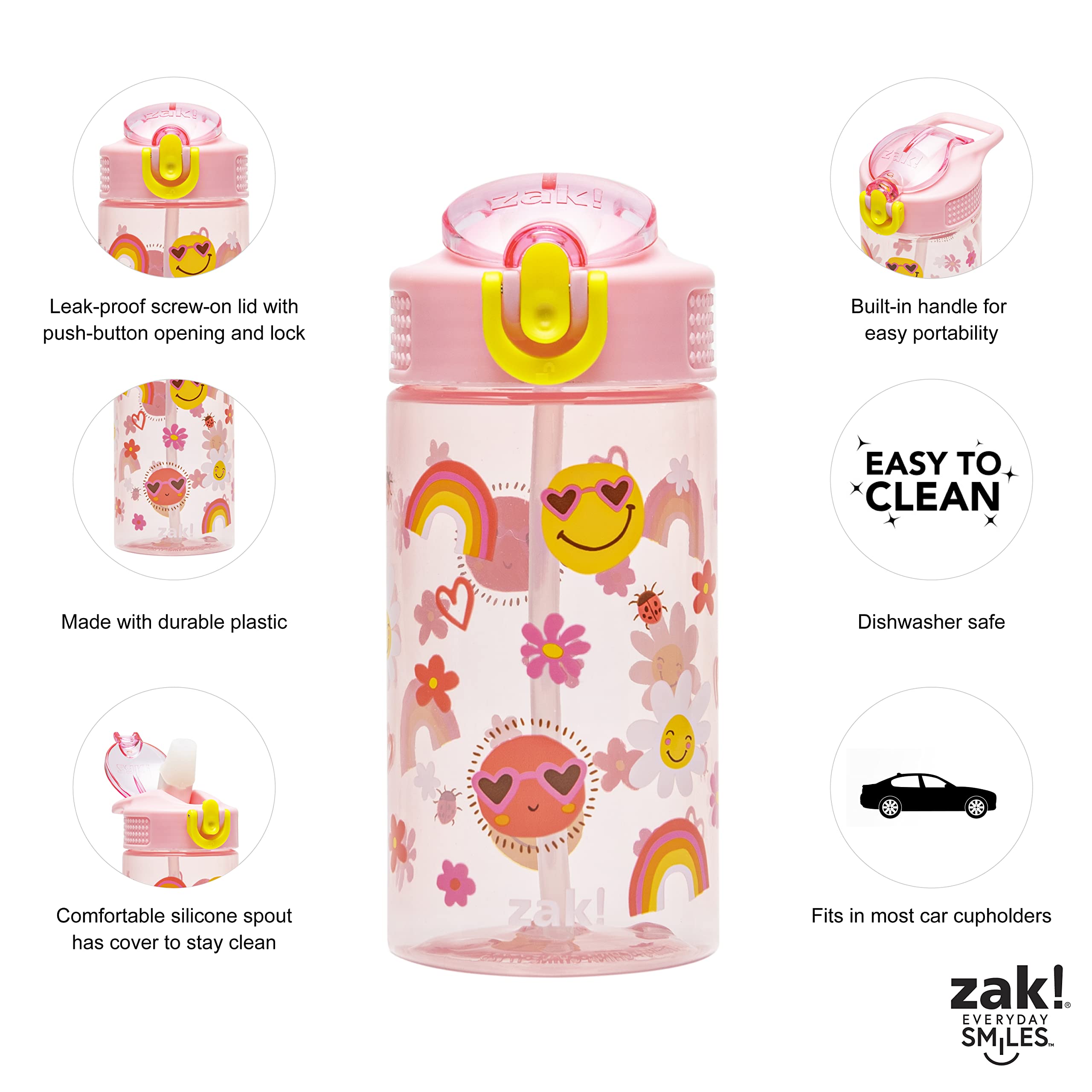 Zak Designs Botella de agua para niños para la escuela o viajes, botella de agua de plástico duradera de 16 onzas con pajilla, asa y a prueba de fugas, cubierta de boquilla desplegable (Sunny Smiles)