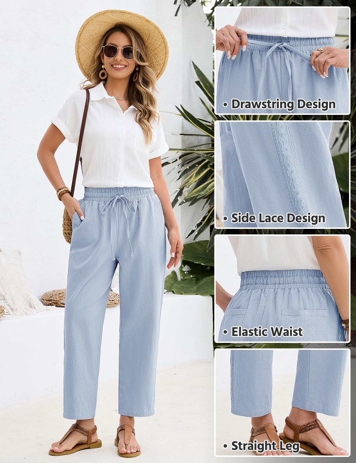 Pantalones Mujer Verano 7/8 Algodón Cintura Alta Casual con Bolsillos