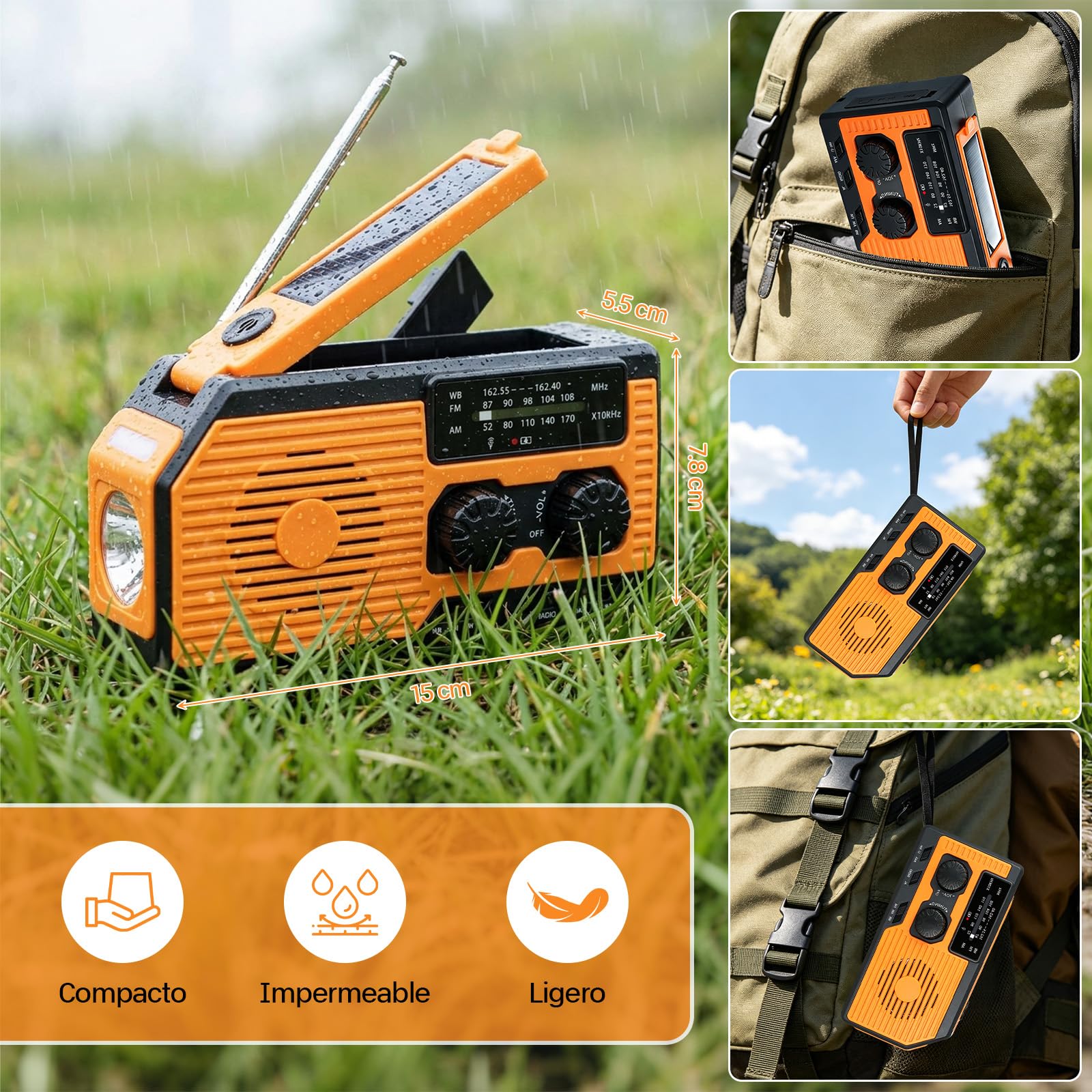 VHV Radio Manivela Solar Emergencia, Emergencia Portátil, Manivela Solar Am/FM/NOAA, Batería Power Bank 5000mAh, Radio de Supervivencia con Manivela, Linterna, Alarma SOS (Color)