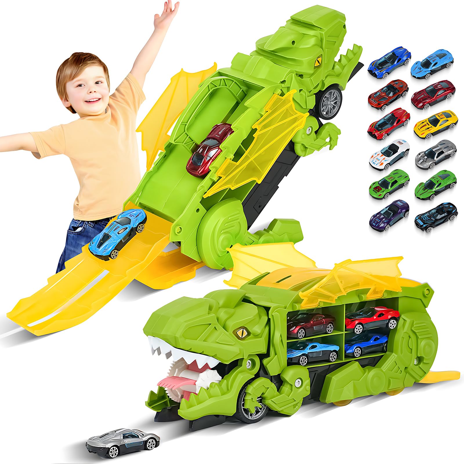 Dinosaur Truck Toys for Kids 3 4 5 6 7 Years Old, Upgraded 12 Die-Cast Cars Dinosaur Transporter Race Track Set, Transform into Stomping Dino, Toddler Car Toys, Birthday Gifts for Boys 2-4 3-5-7