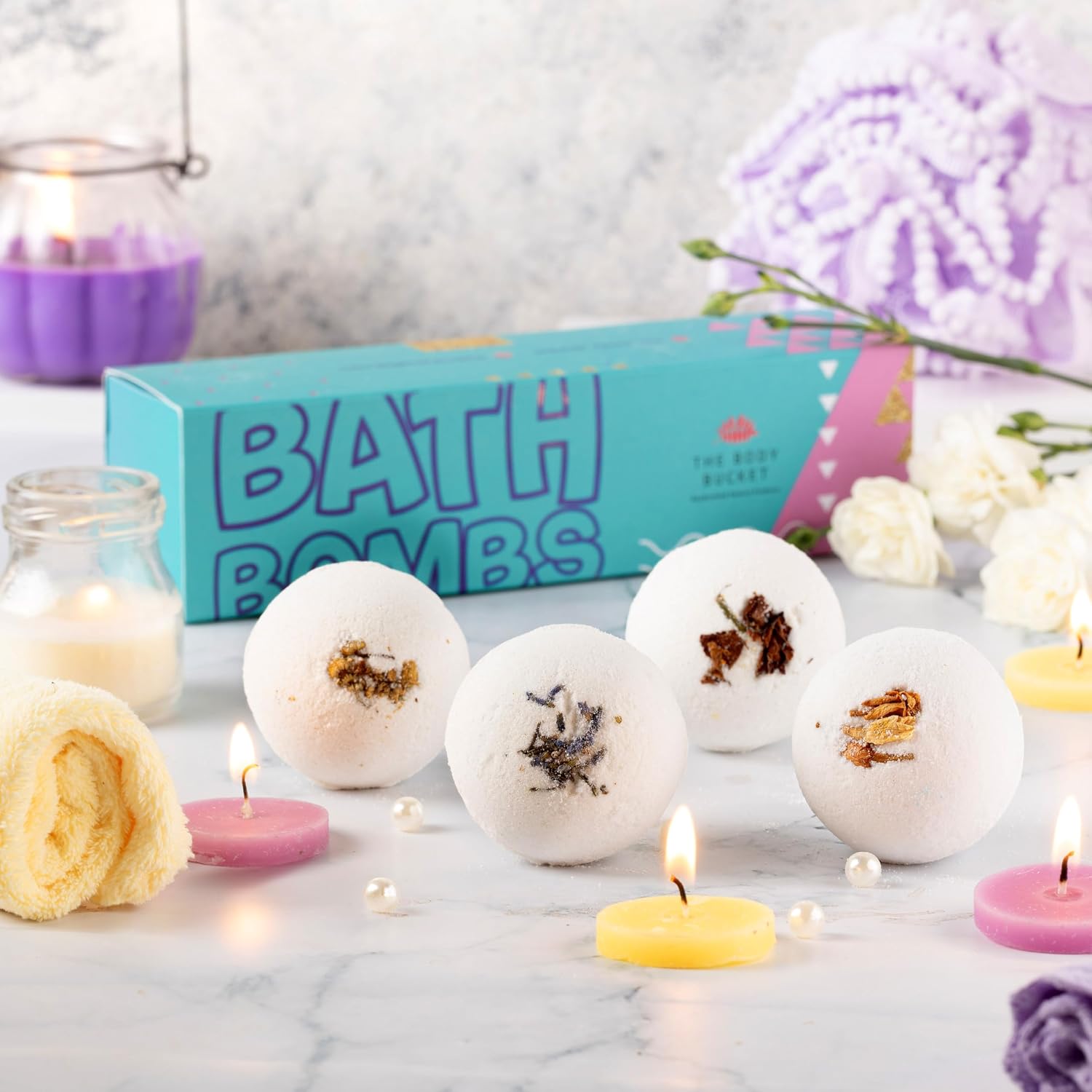 White Round Bath Bomb with Flower Buds & Petals Rose, Lavender, Ylang Ylang, Musk Fragrance Bath Bomb Perfect Bath Gift for Kids, Men & Women - 65 Grams Each (Pack of 4)