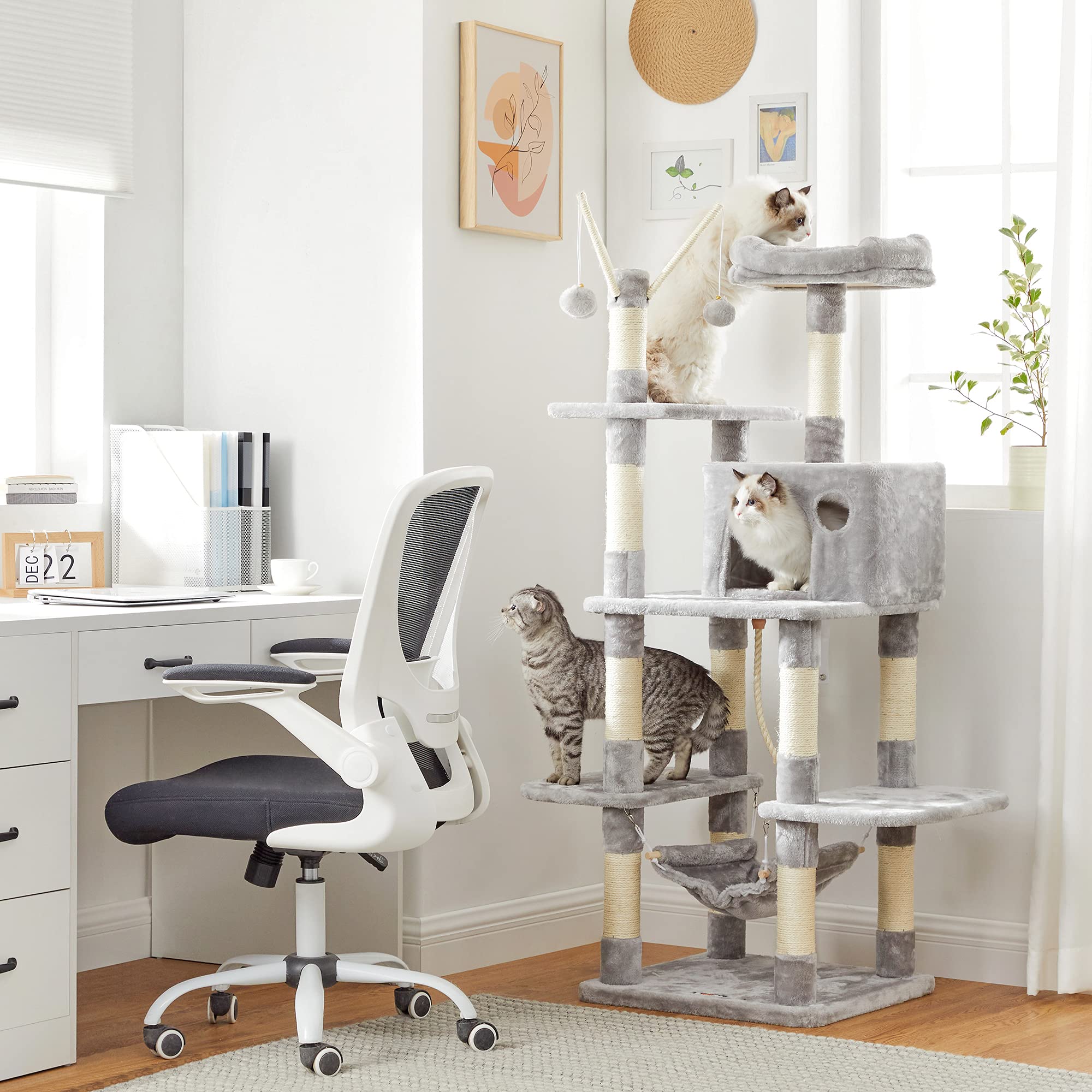 FEANDREA Cat Tree, Cat Condo with Hammock, Perch, Cat Tower, Light Grey