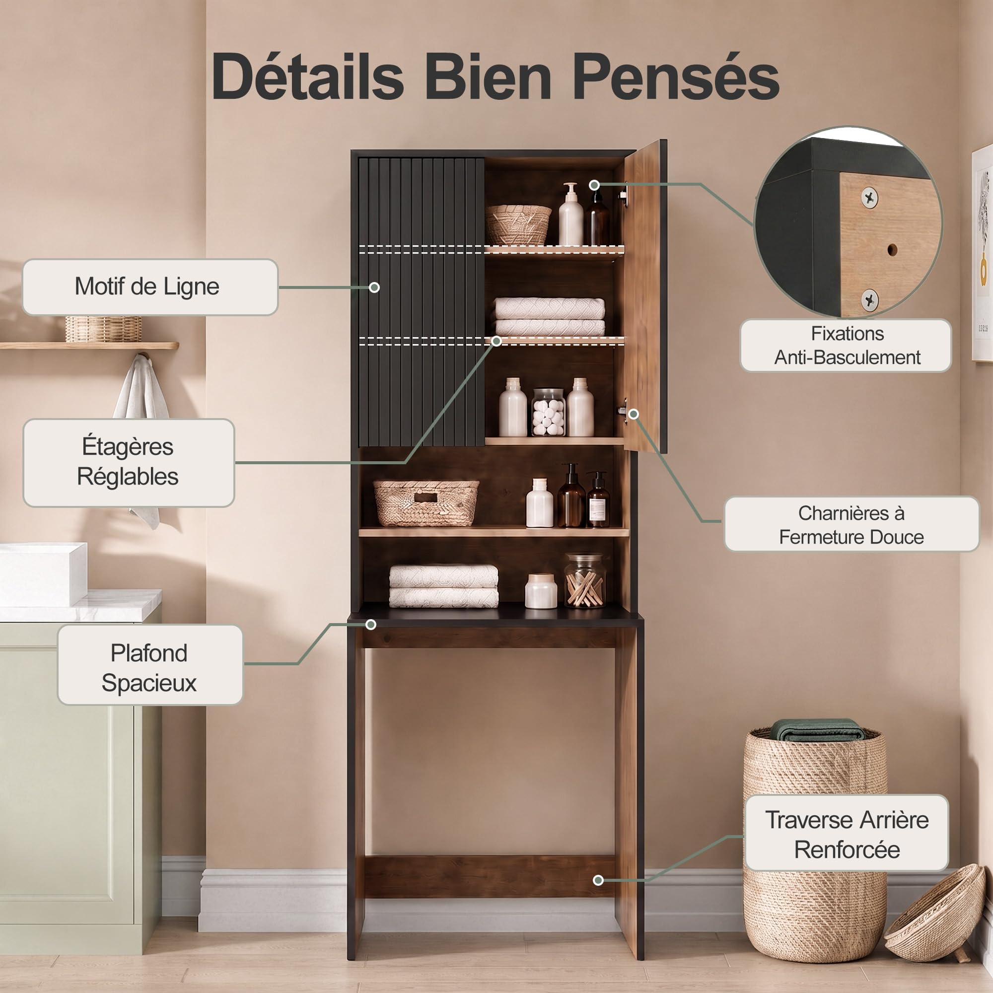 UEV Armoire pour Machine à Laver et Sèche-Linge, 68 x 190 x 50 cm, Noir