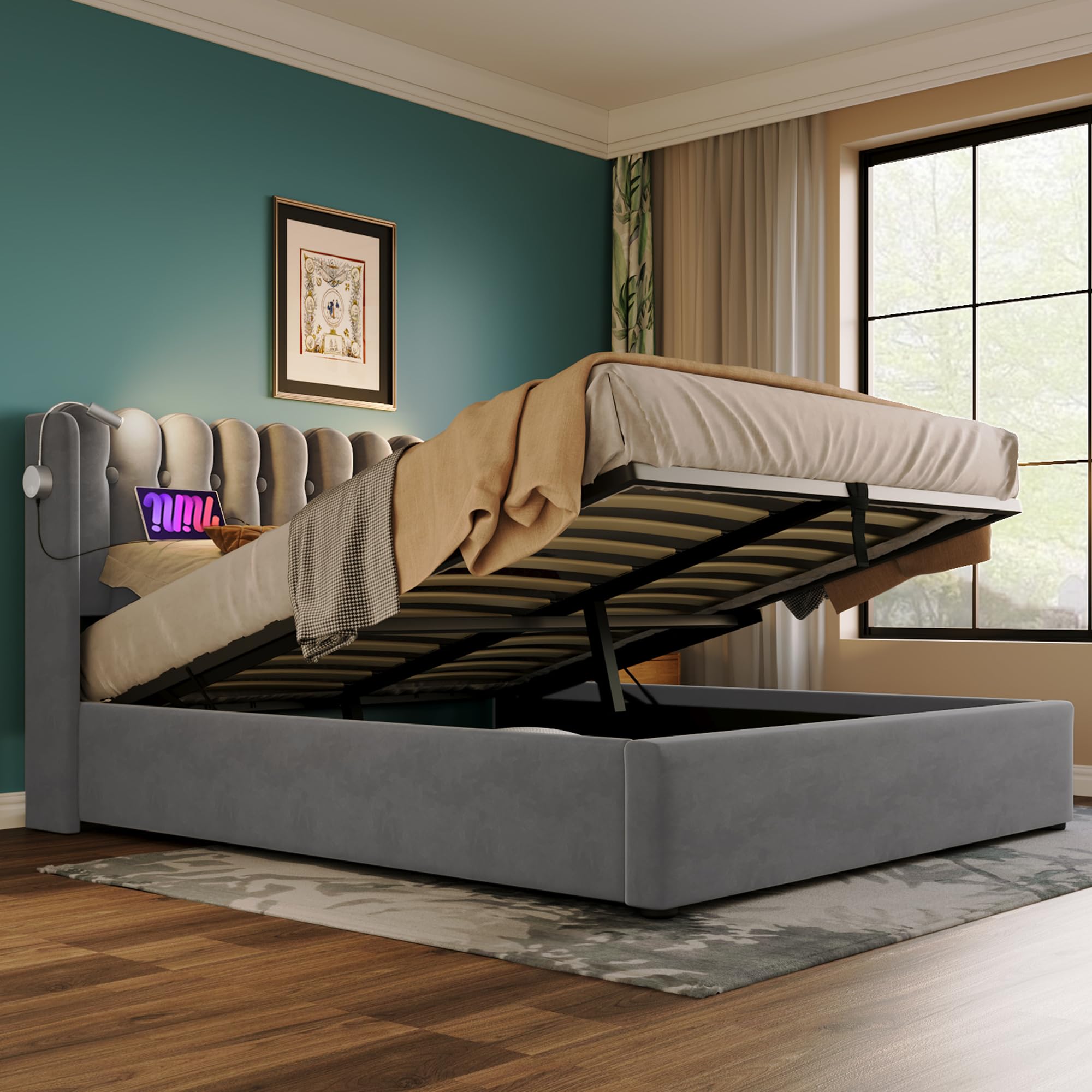 Letto Singolo 90x190 Cm Con Contenitore - Divano Letto Imbottito, Luci E USB, Testiera In Velluto - Foto 13