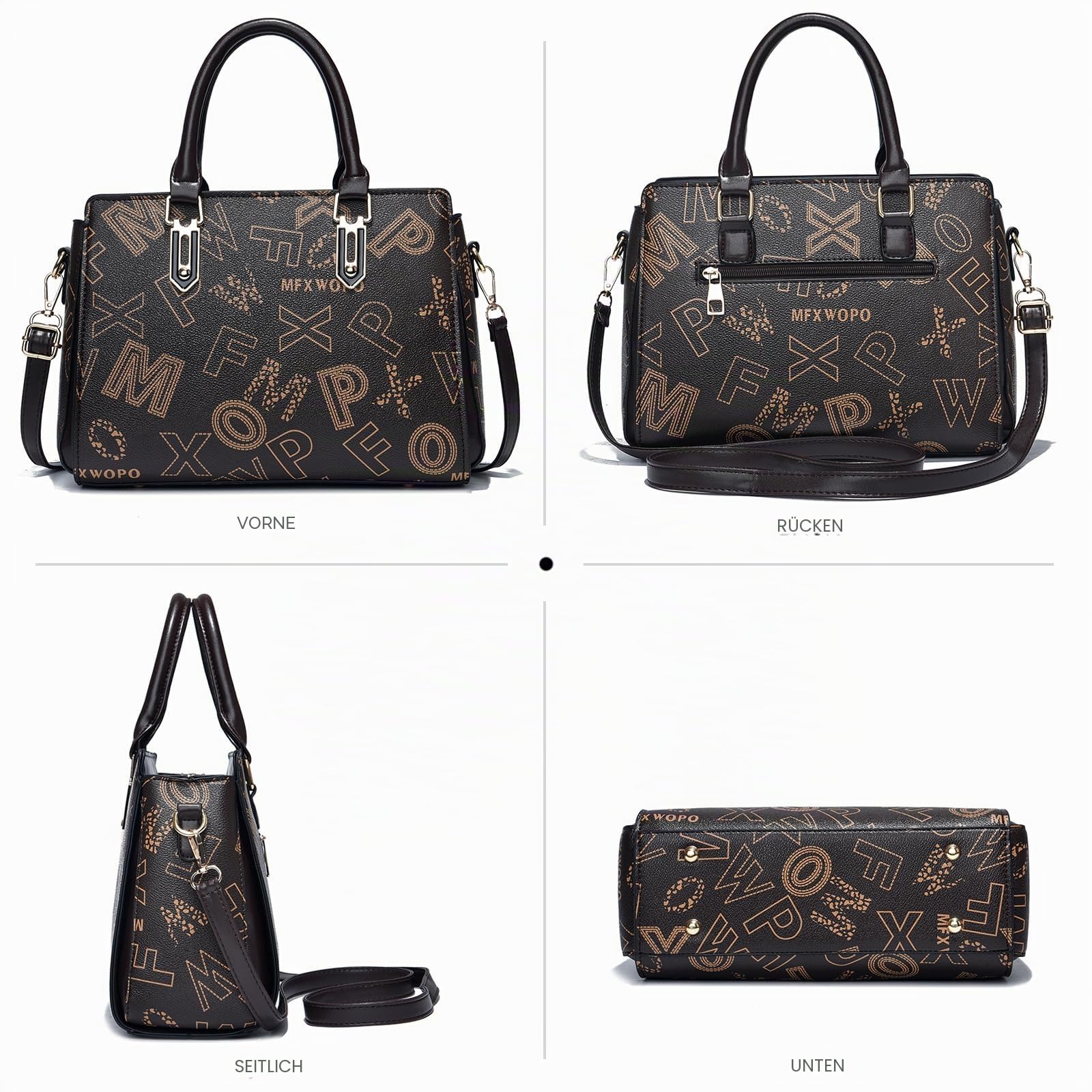 NICOLE & DORIS Handtasche Damen Elegante Tote Bag Mittelgroß Handtaschen Set Geldbörse Schultertasche PU Leder Umhängetasche Bedruckt Henkeltasche für Büro Schule Einkauf Kaffee mit Braun