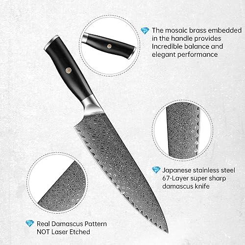 Miniatura 3 de Cuchillo de chef de Damasco de 8 pulgadas, núcleo de corte de acero HC 10Cr15CoMoV recubierto con 72 capas de acero de Damasco, mango de madera de