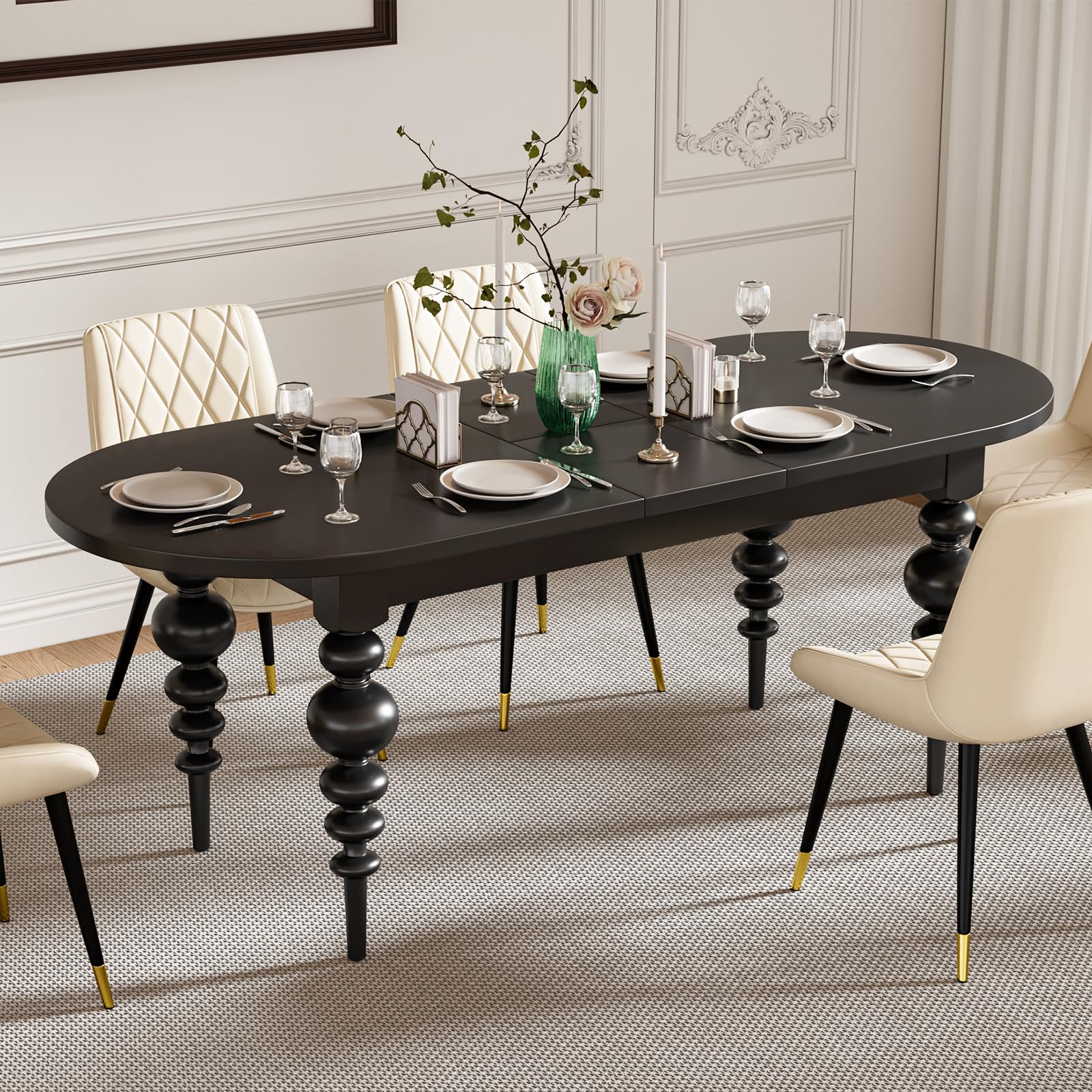 homary 67"-79" Extendable Dining Table, Mid-Century Modern Oval Kitchen & Dining Room Table for 4–8 People (Black, 67"-79" (Seats 4-8))