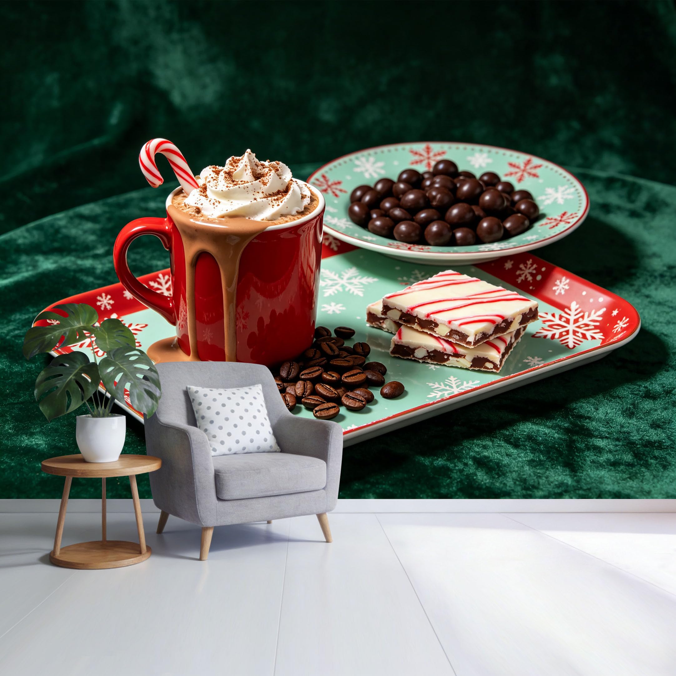 Custom Size Wall Mural Festive Hot Chocolate Cup with Peppermint Candy Cane Coffee Beans and Christmas Dessert Still Life SelfAdhesive Wall Fabric Removable Wallpaper for Home Office Decor