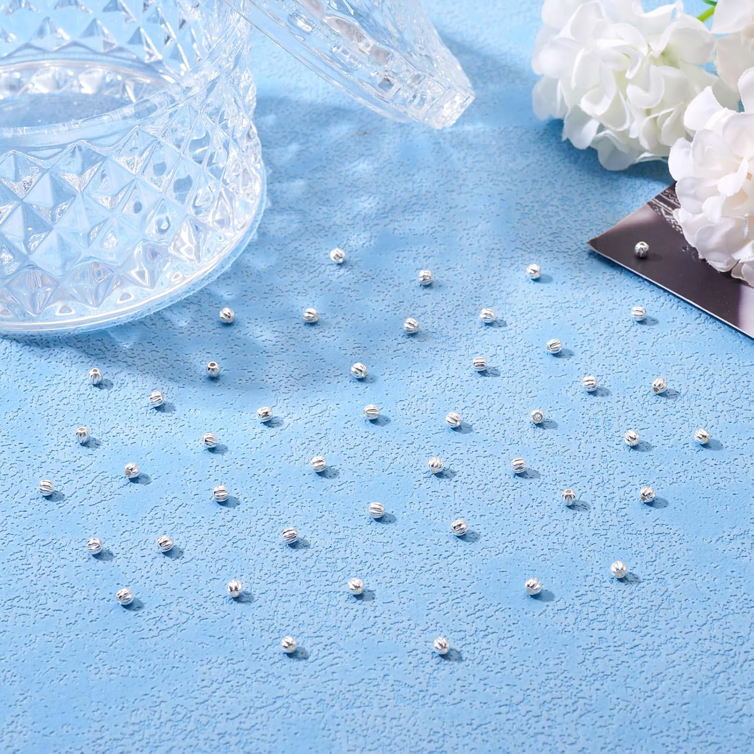 FASHEWELRY 50Pcs 925 Sterling Silver Spacer Beads 3mm Faceted Round Silver Loose Beads Metal Silver Beads for DIY Crafts Jewelry Making (0.1 inch Thickness)