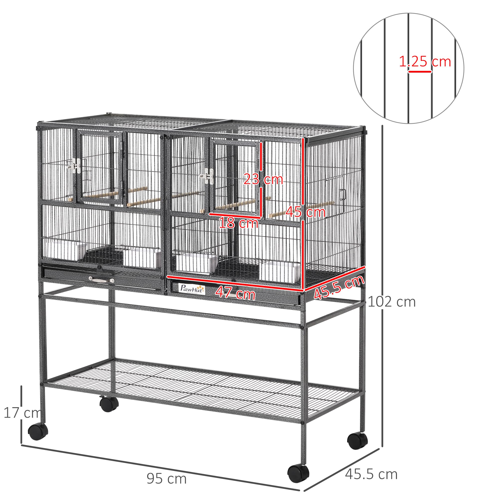 PawHut Doppia Gabbia per Uccelli in Metallo di Alta Qualità con Vassoi Estraibili, Supporto Stabile con 4 Ruote e Ripiano, 95x45.5x102cm, Nero Grigio