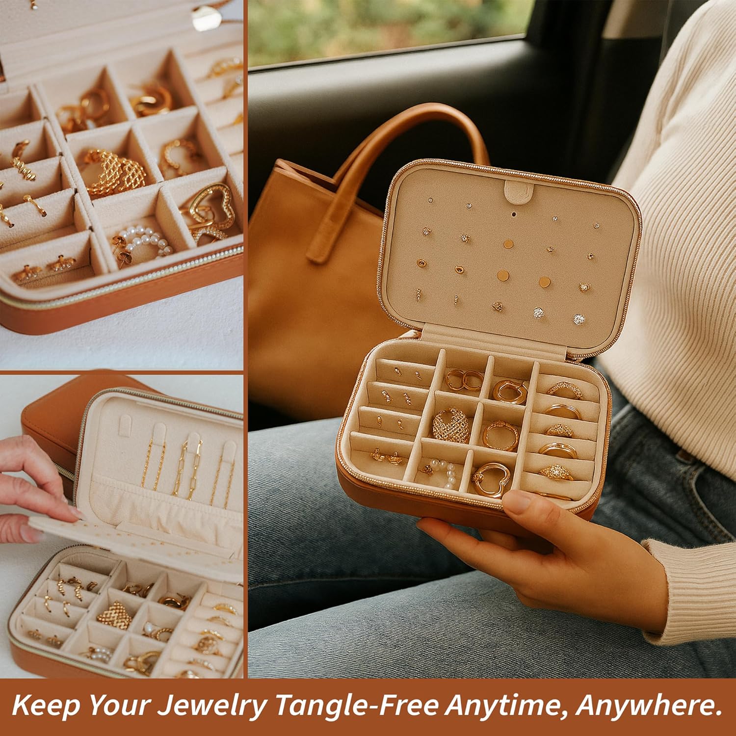 Small Travel Jewelry Box Organizer for women & Girls, Portable Small Travel Jewelry Case Organizer for Traveling, PU Leather Mini Box for Earrings, Necklaces, Rings, Bracelets - Neutral Tan