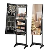 SONGMICS Mirror Jewelry Cabinet Standing Armoire Organizer, Jewelry Storage with Full-Length Frameless LED Lights, Built-in Makeup Mirror, 2 Drawers, Lockable, Christmas Gifts, Black UJJC023B01