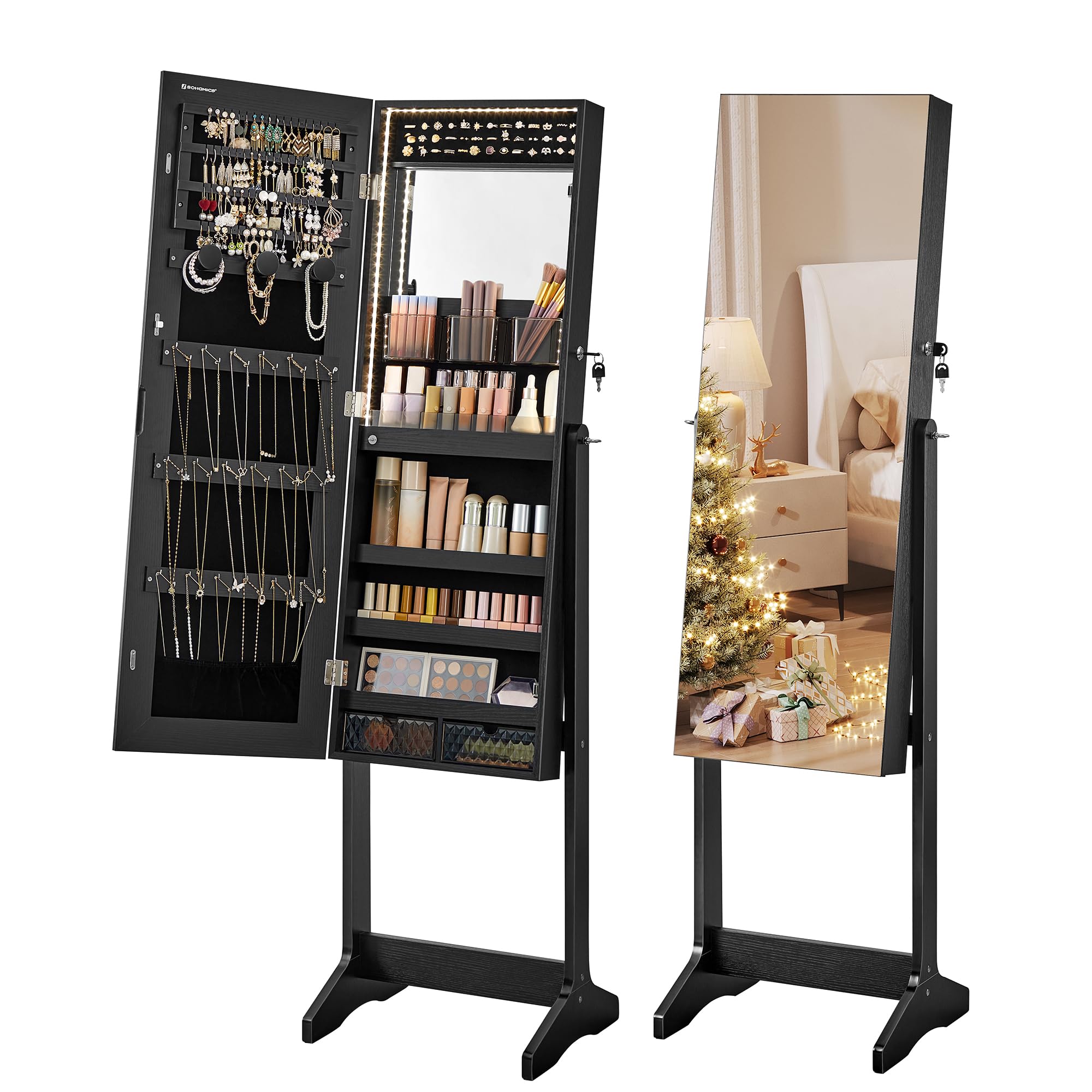 SONGMICS Mirror Jewelry Cabinet Standing Armoire Organizer, Jewelry Storage with Full-Length Frameless LED Lights, Built-in Makeup Mirror, 2 Drawers, Lockable, Black UJJC023B01