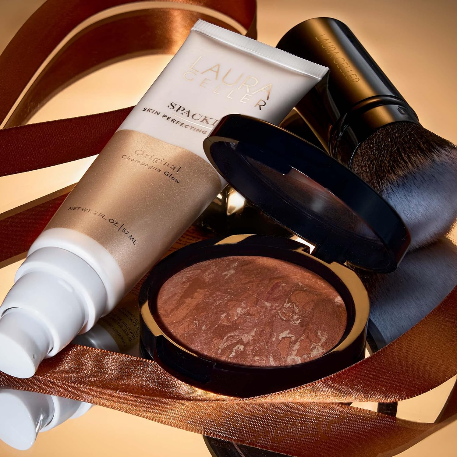 LAURA GELLER NEW YORK Ready-n-Radiant Kit (3 PC) - Baked Bronze-n-Brighten, Deep + Spackle Super-Size Skin Perfecting Primer, Champagne Glow + Retractable Angled Kabuki Brush - Image 3