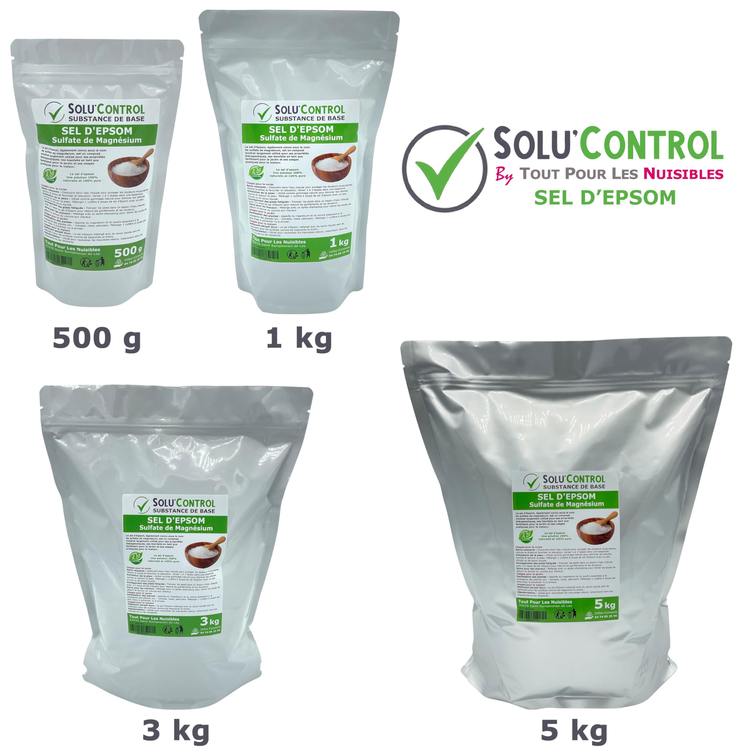 Sel d'Epsom 3 kg - Solu'Control - Sulfate de Magnésium 100% Pur et Naturel - Relaxation, Soin du Corps, Déodorant, Fertilisant et Apport en Magnésium pour Plantes - Sachet avec Zip Refermable